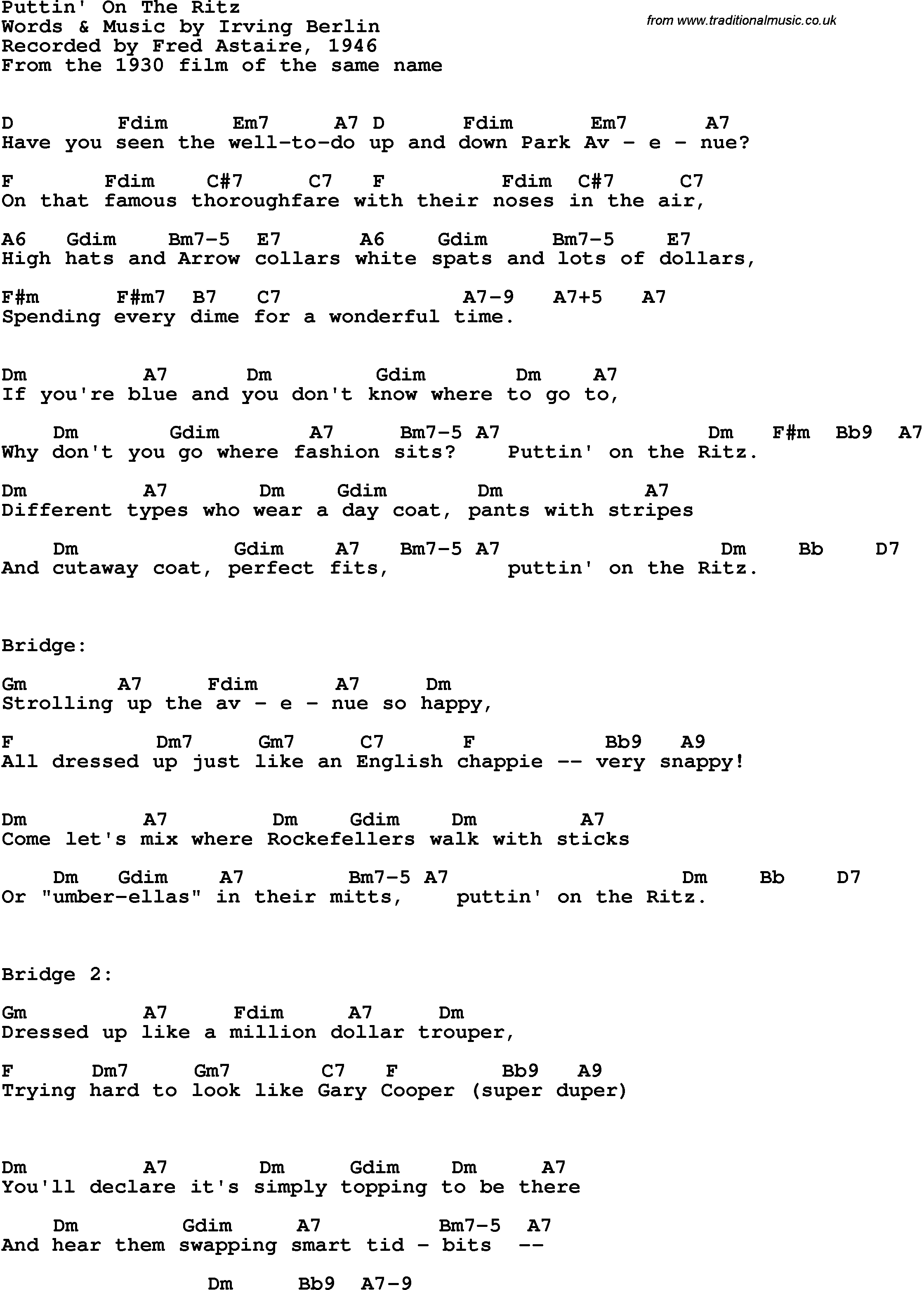 Song Lyrics with guitar chords for Puttin' On The Ritz  - Fred Astaire, 1946