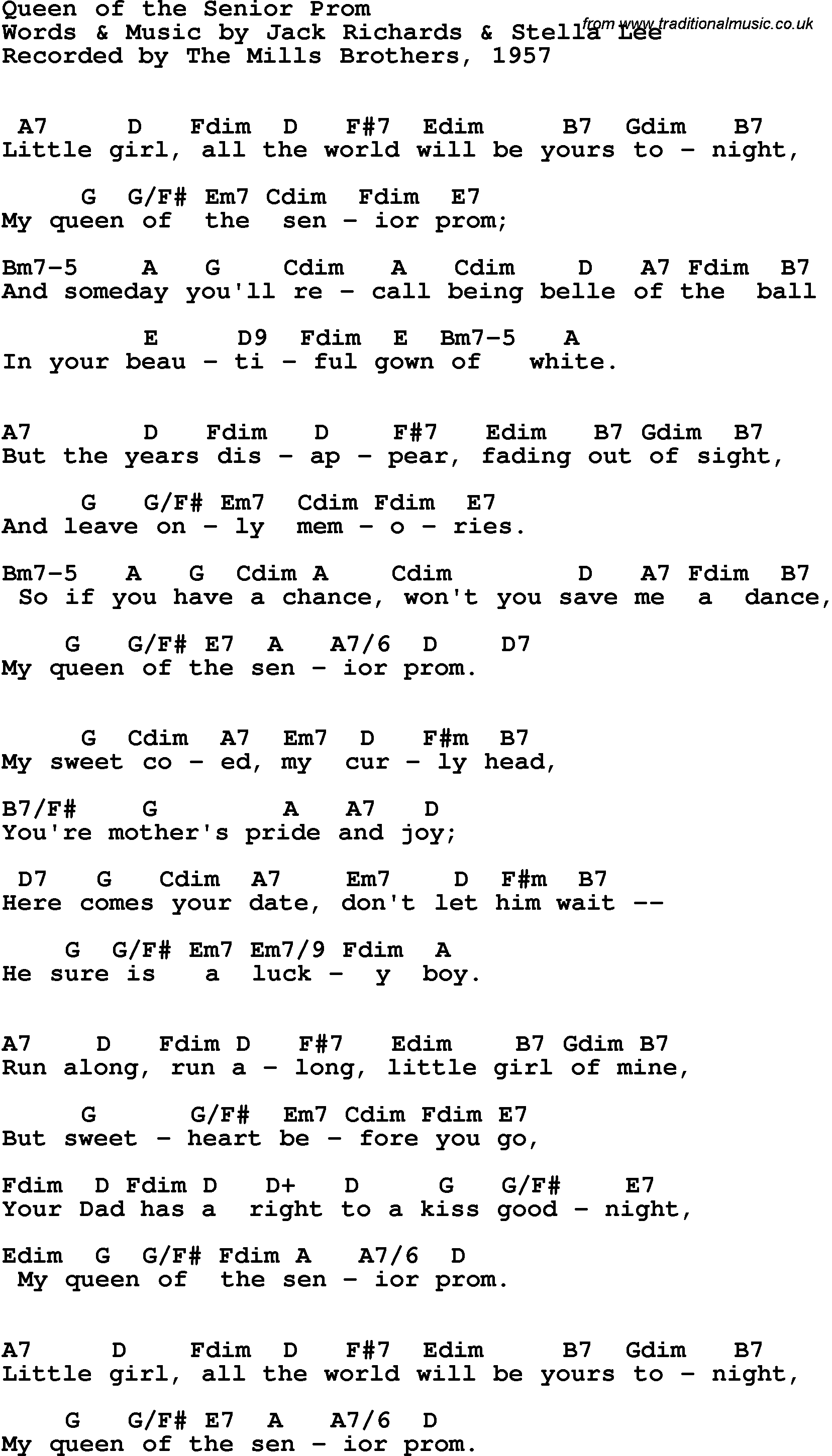 Song Lyrics with guitar chords for Queen Of The Senior Prom - Mills Brothers, 1957