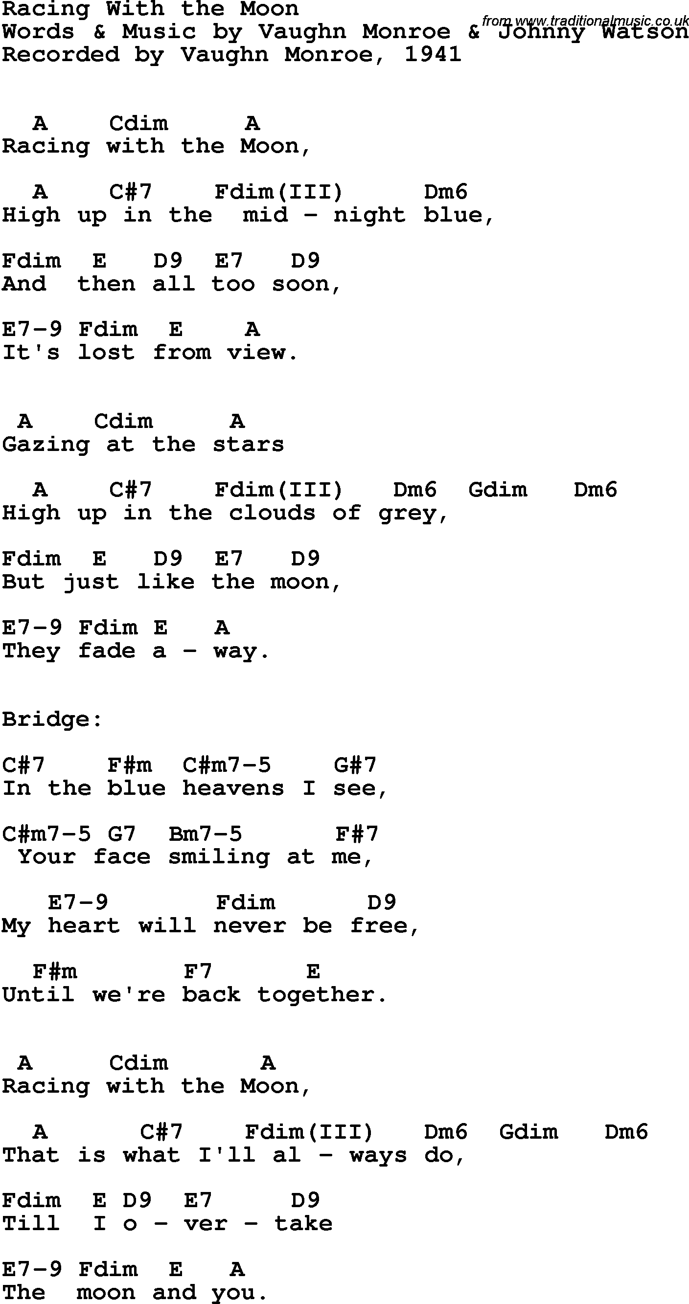 Song Lyrics with guitar chords for Racing With The Moon - Vaughn Monroe, 1941