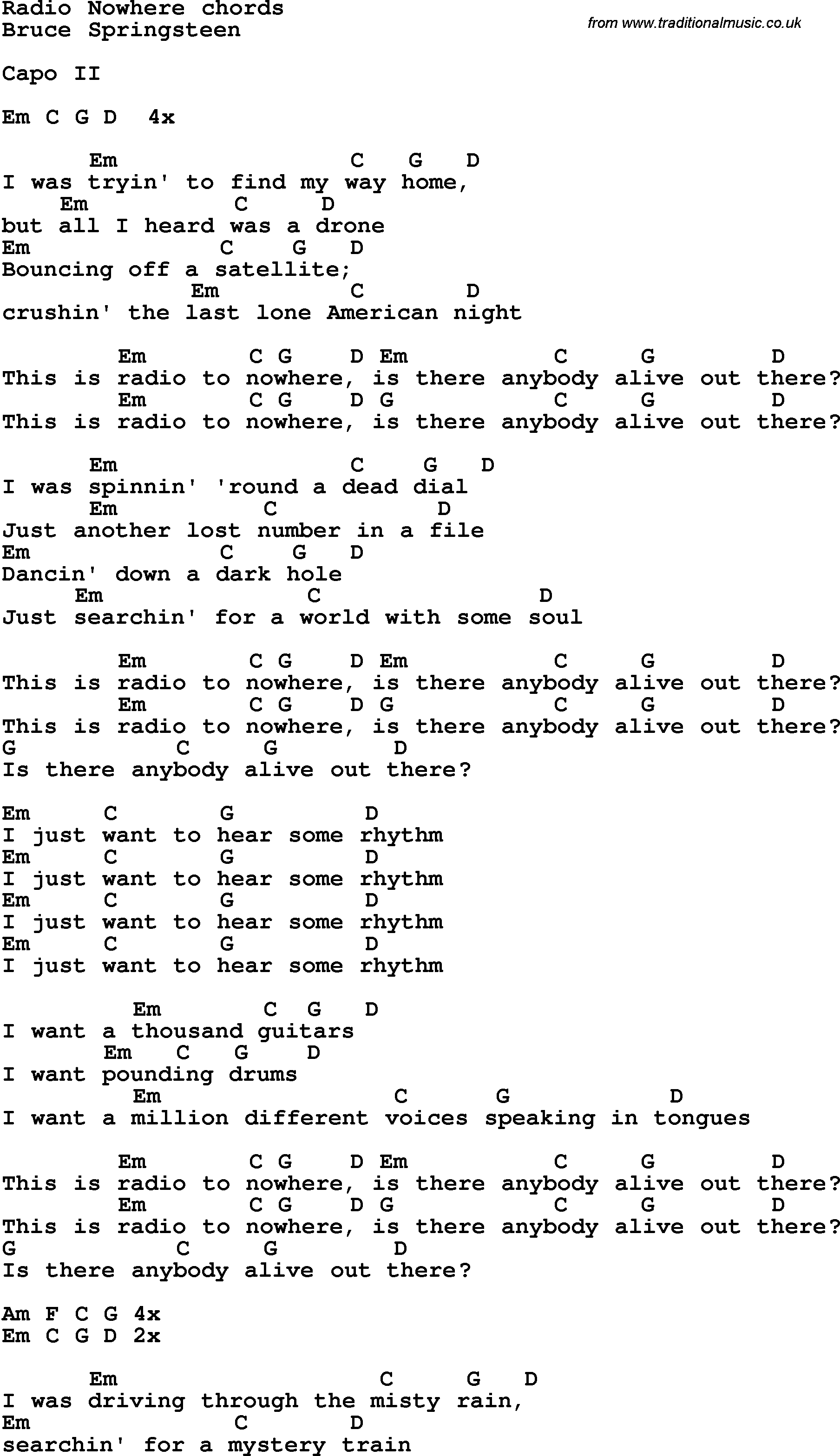Song Lyrics with guitar chords for Radio Nowhere