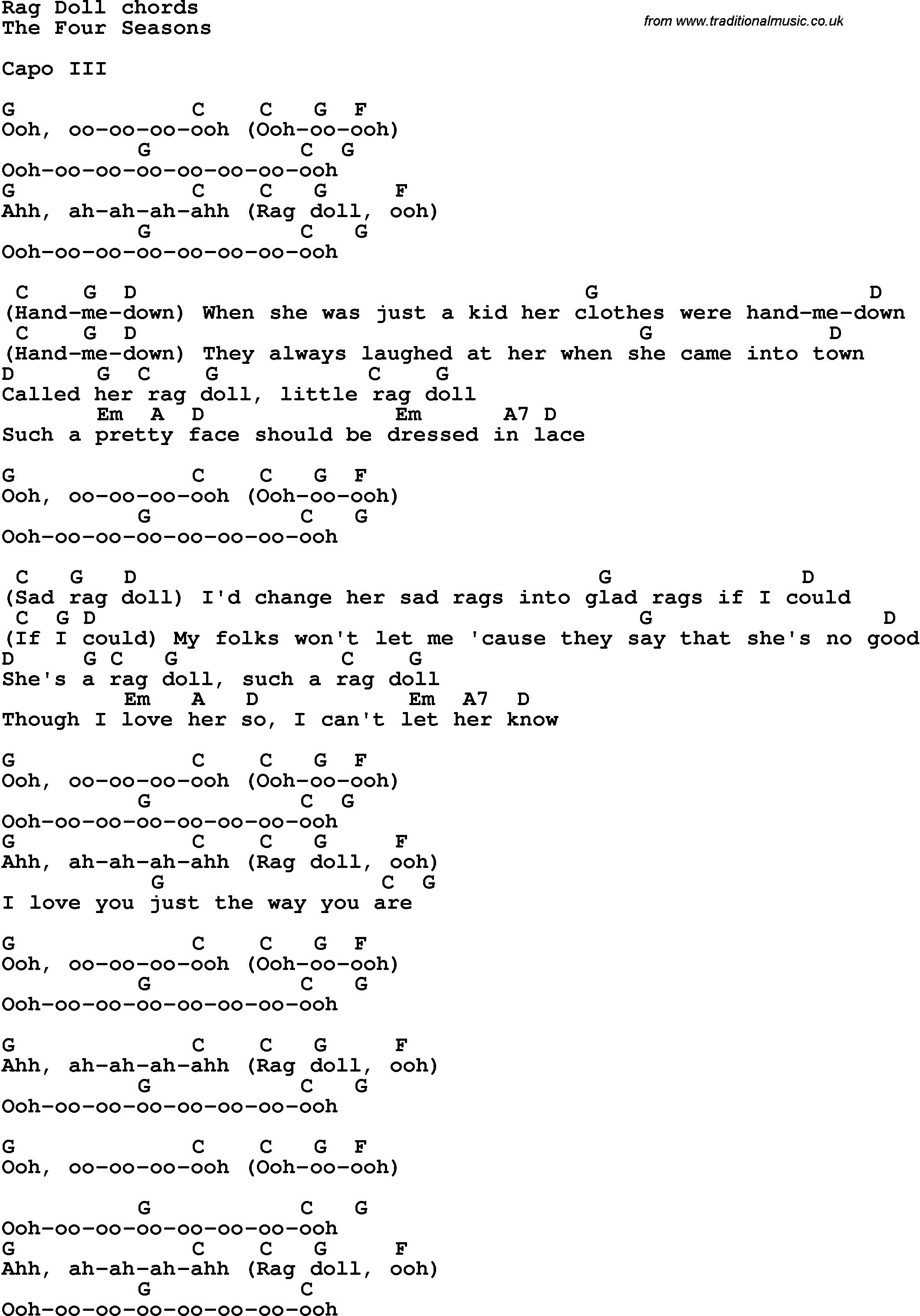 Song Lyrics with guitar chords for Rag Doll