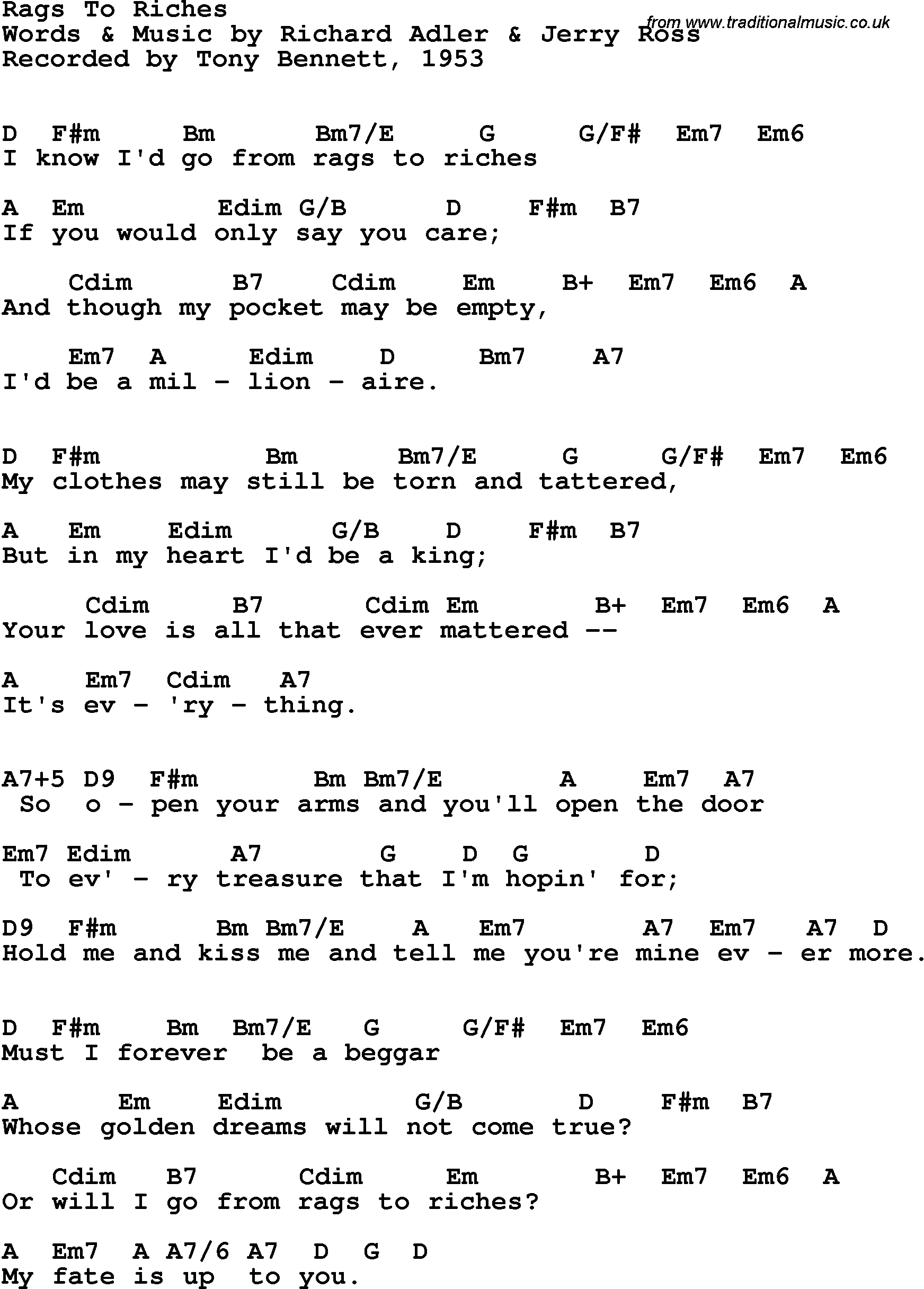Song Lyrics with guitar chords for Rags To Riches - Tony Bennett, 1953
