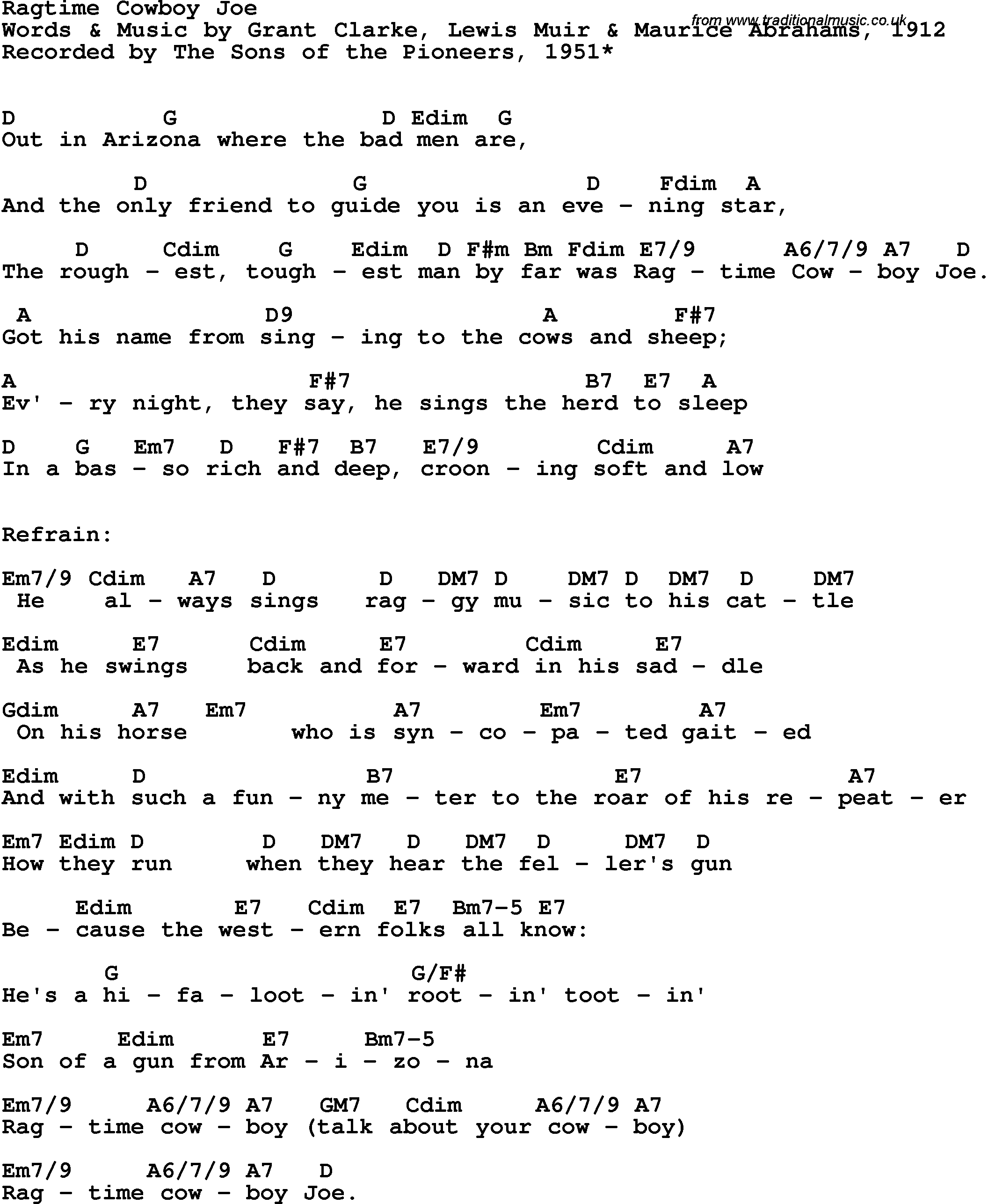 Song Lyrics with guitar chords for Ragtime Cowboy Joe - The Sons Of The Pioneers, 1951