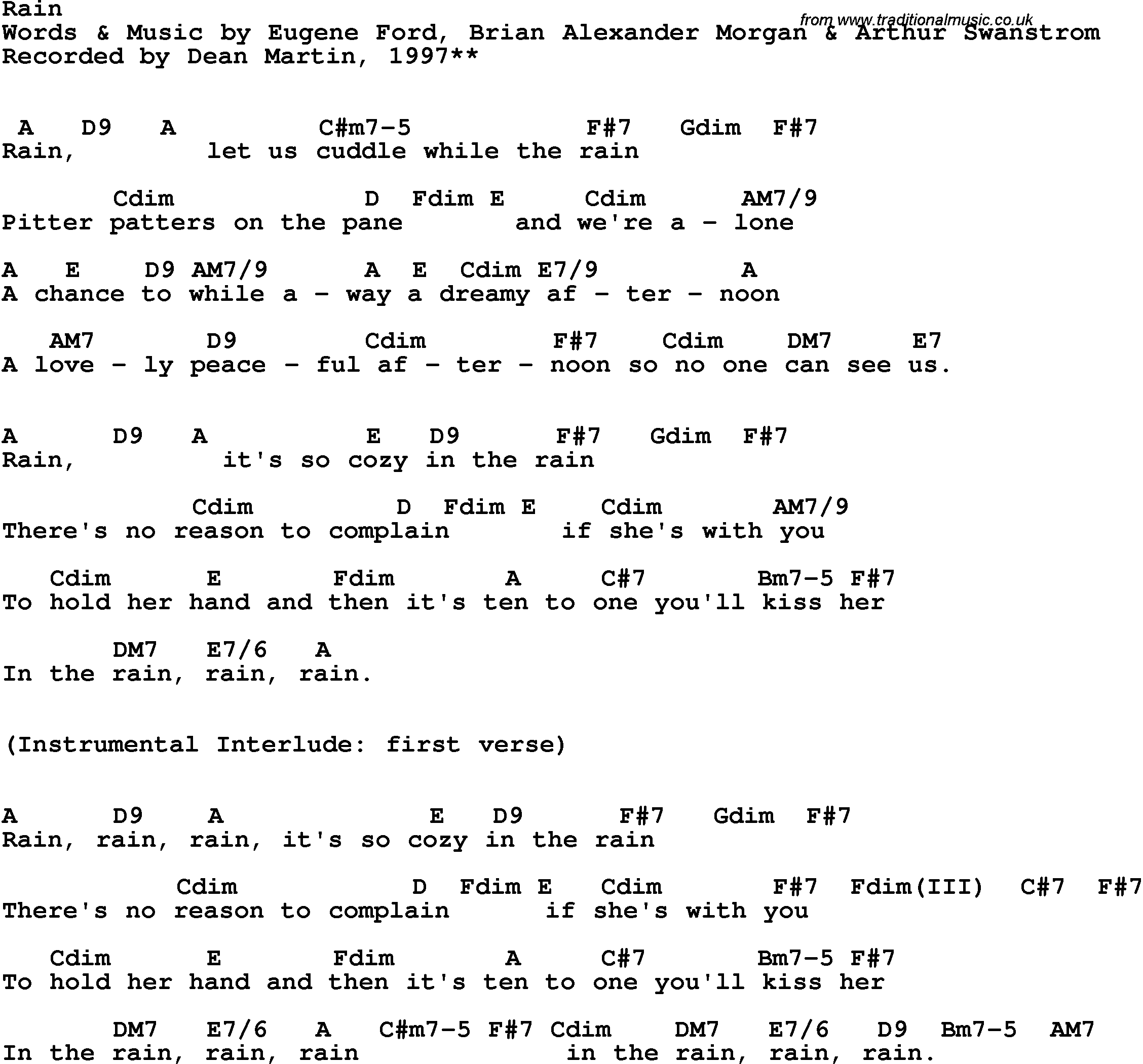 Song Lyrics with guitar chords for Rain - Dean Martin, 1997