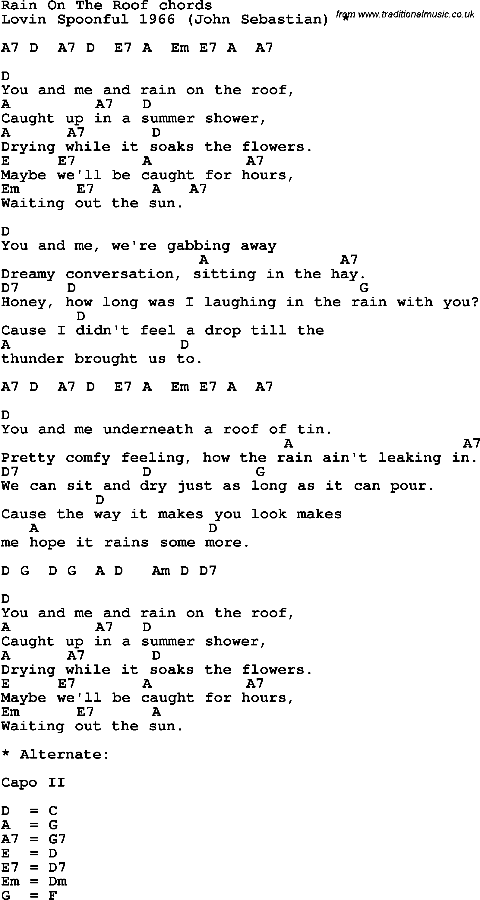 Song Lyrics with guitar chords for Rain On The Roof