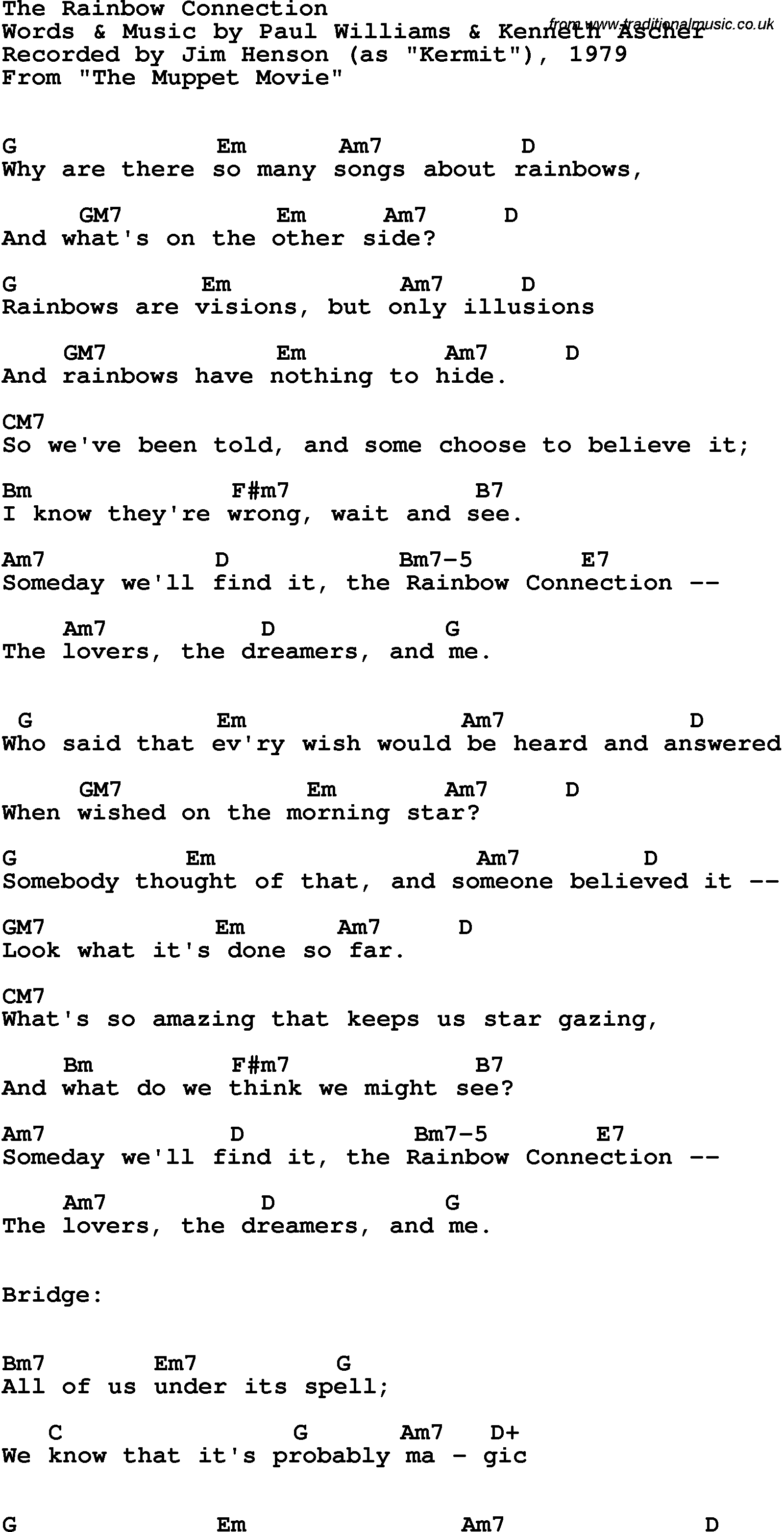 Song Lyrics with guitar chords for Rainbow Connection, The - Jim Henson, 1979