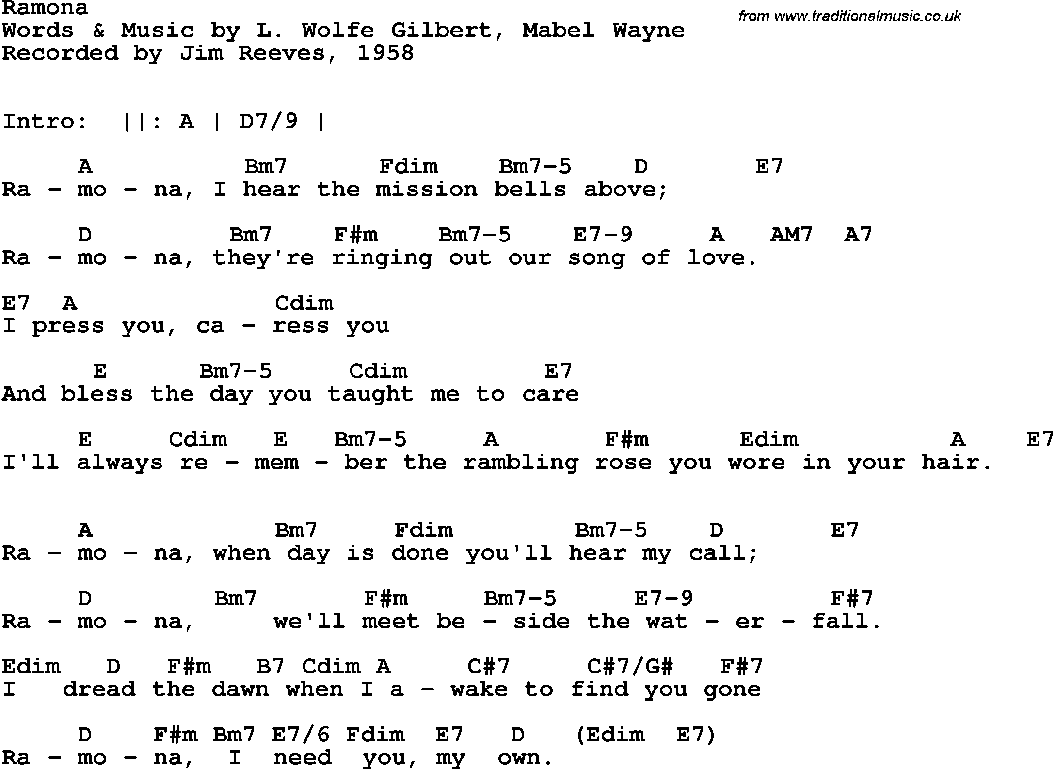 Song lyrics with guitar chords for Ramona - Jim Reeves, 1958