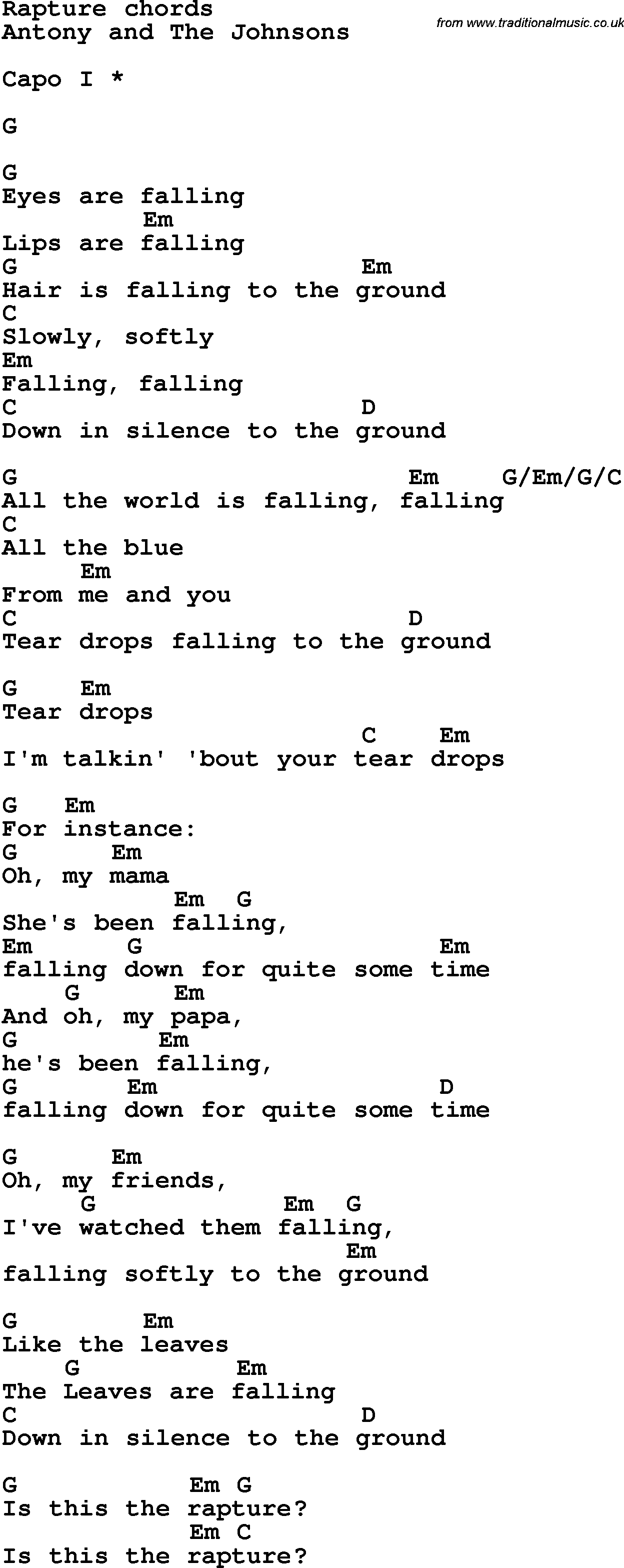 Song Lyrics with guitar chords for Rapture