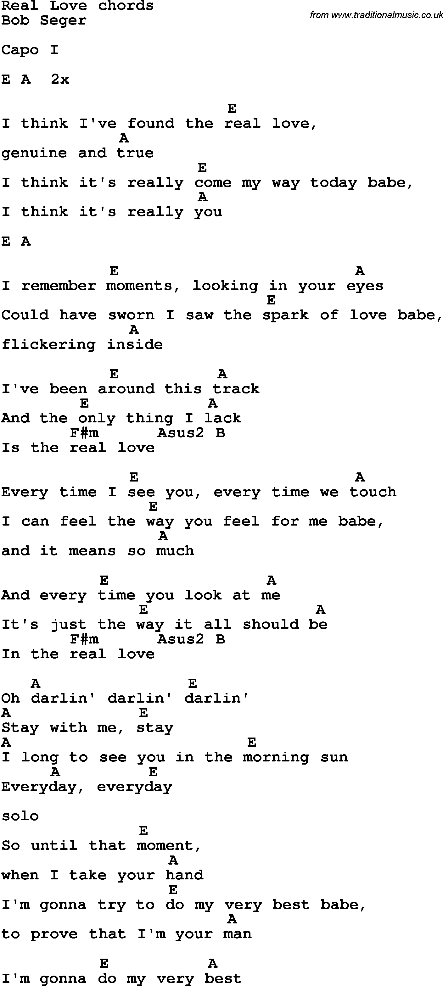 Song Lyrics with guitar chords for Real Love