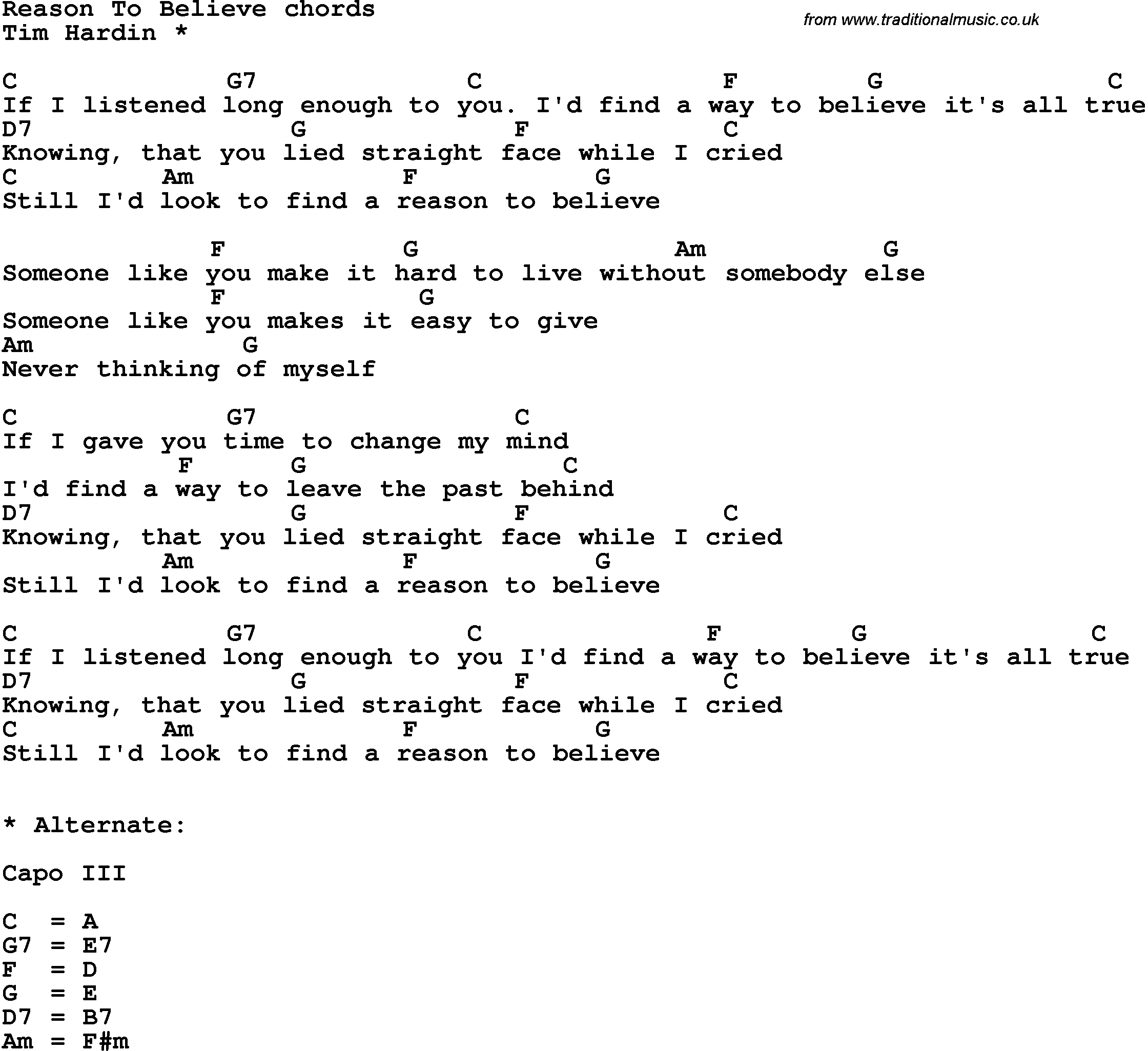 Song Lyrics with guitar chords for Reason To Believe