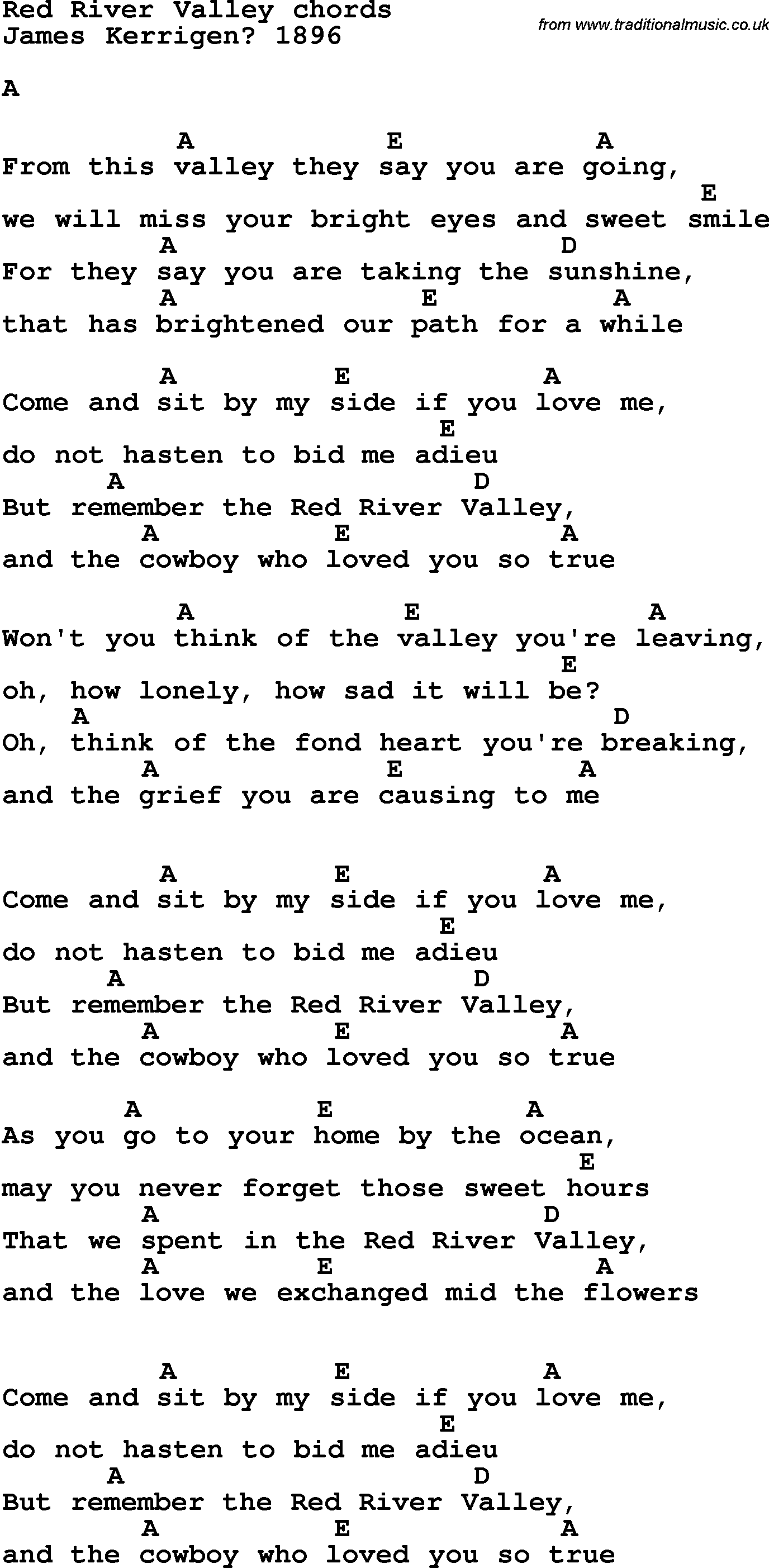 Song Lyrics with guitar chords for Red River Valley
