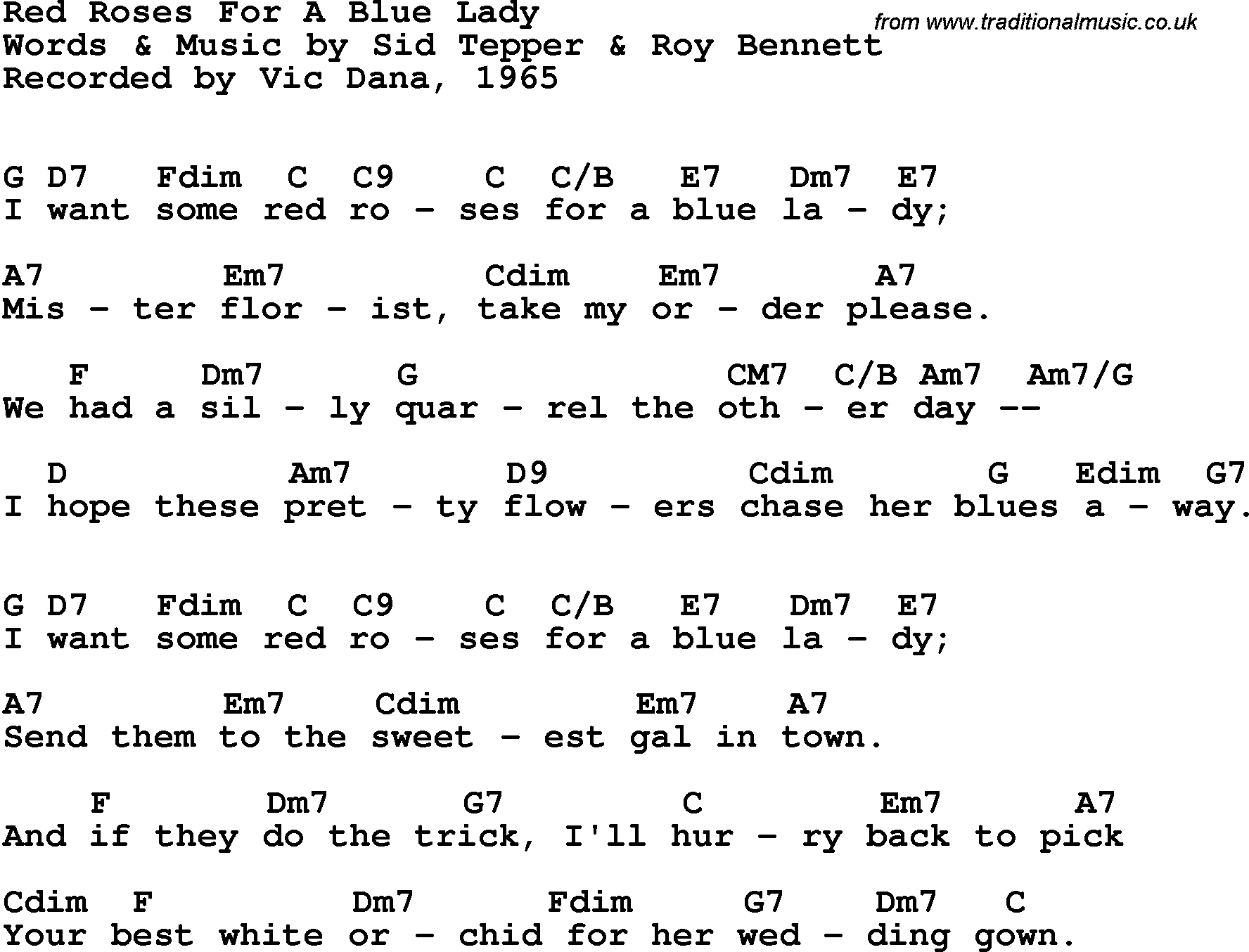 Song Lyrics with guitar chords for Red Roses For A Blue Lady - Vic Dana, 1965