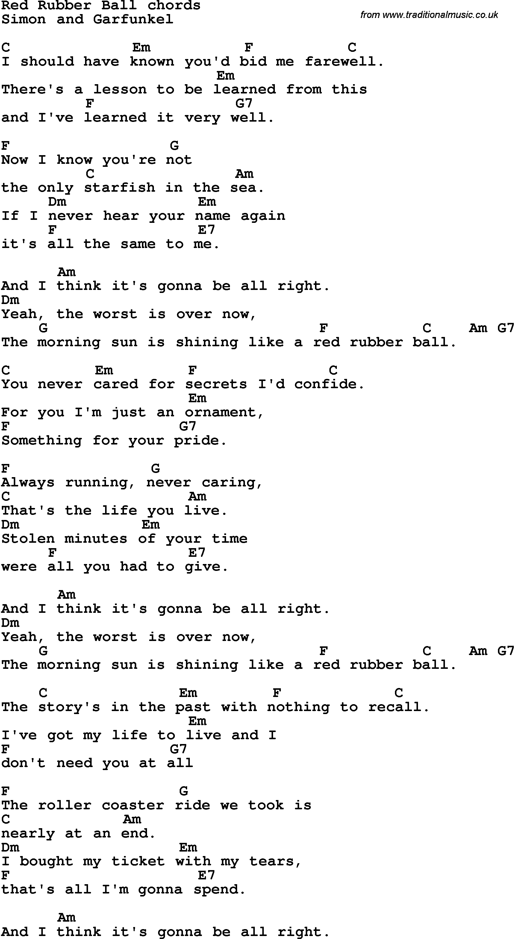 Song Lyrics with guitar chords for Red Rubber Ball