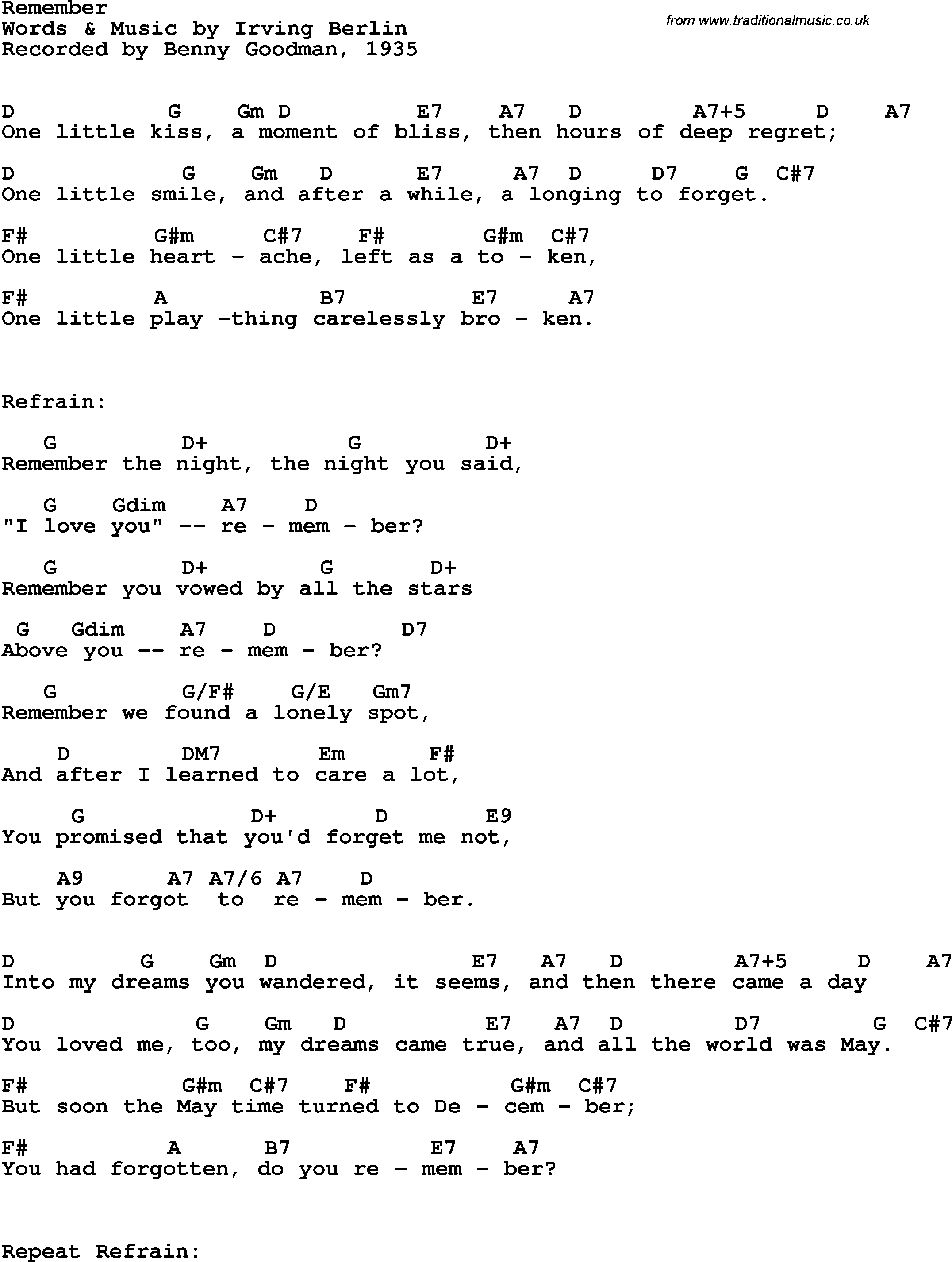 Song Lyrics with guitar chords for Remember - Benny Goodman, 1935