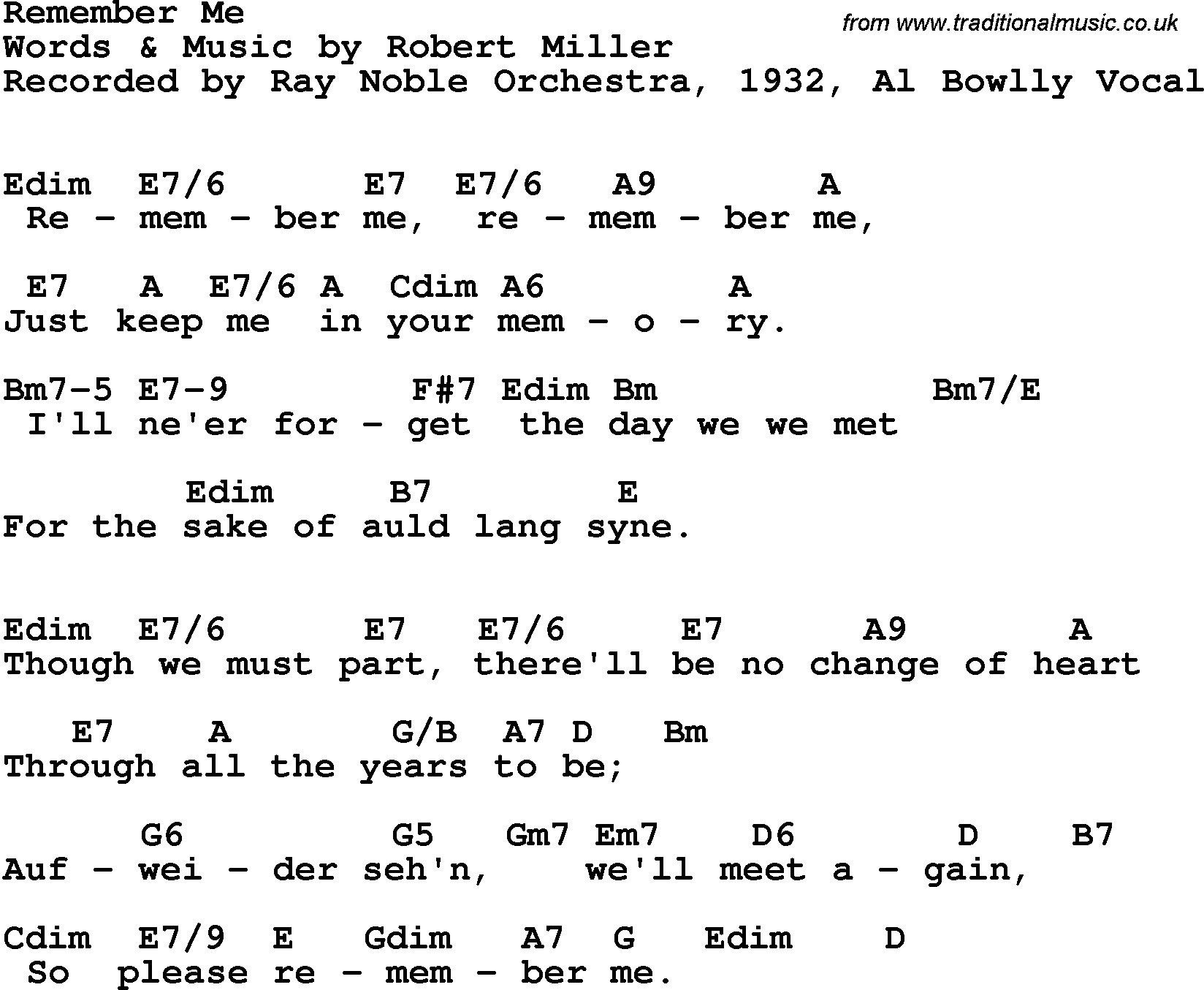 Song Lyrics with guitar chords for Remember Me - Ray Noble Orchestra, 1932, Al Bowlly Vocal