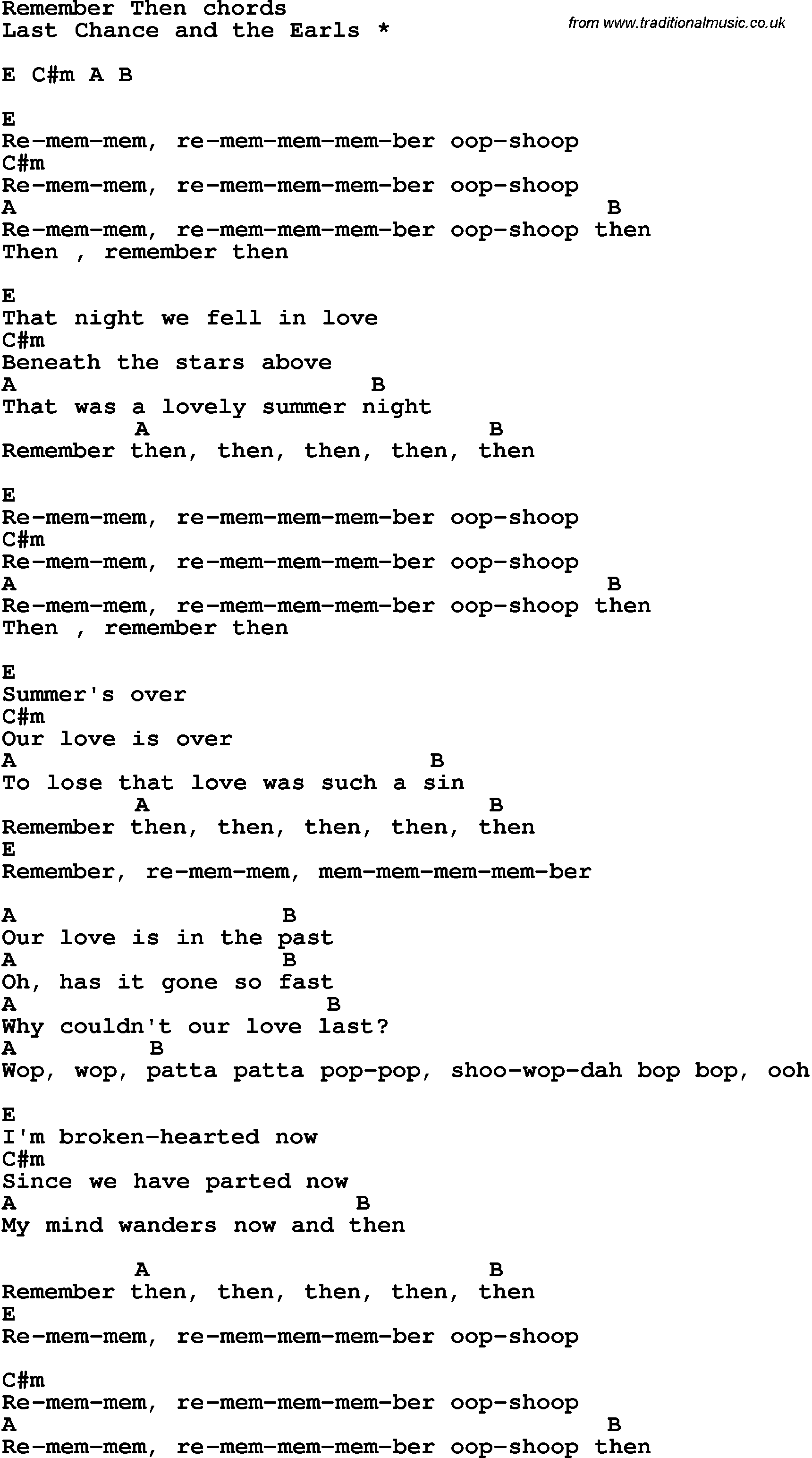 Song Lyrics with guitar chords for Remember Then