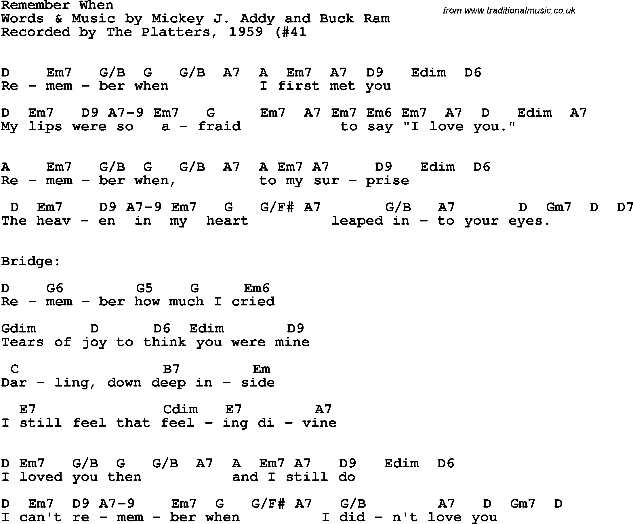 Song Lyrics with guitar chords for Remember When - The Platters, 1959