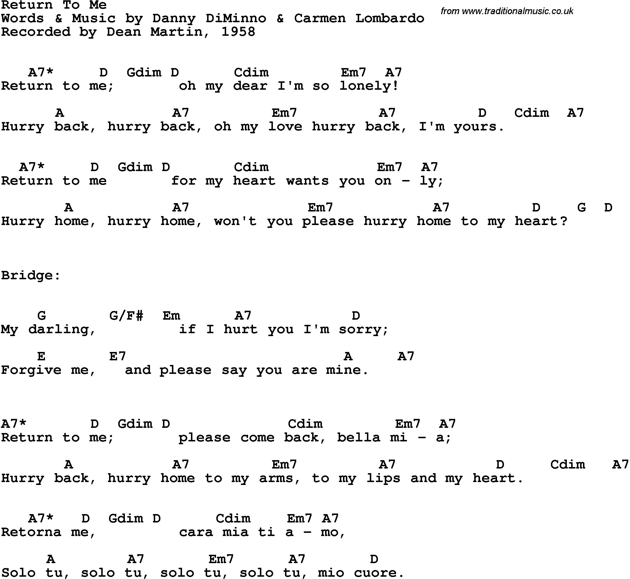Song Lyrics with guitar chords for Return To Me - Dean Martin, 1958