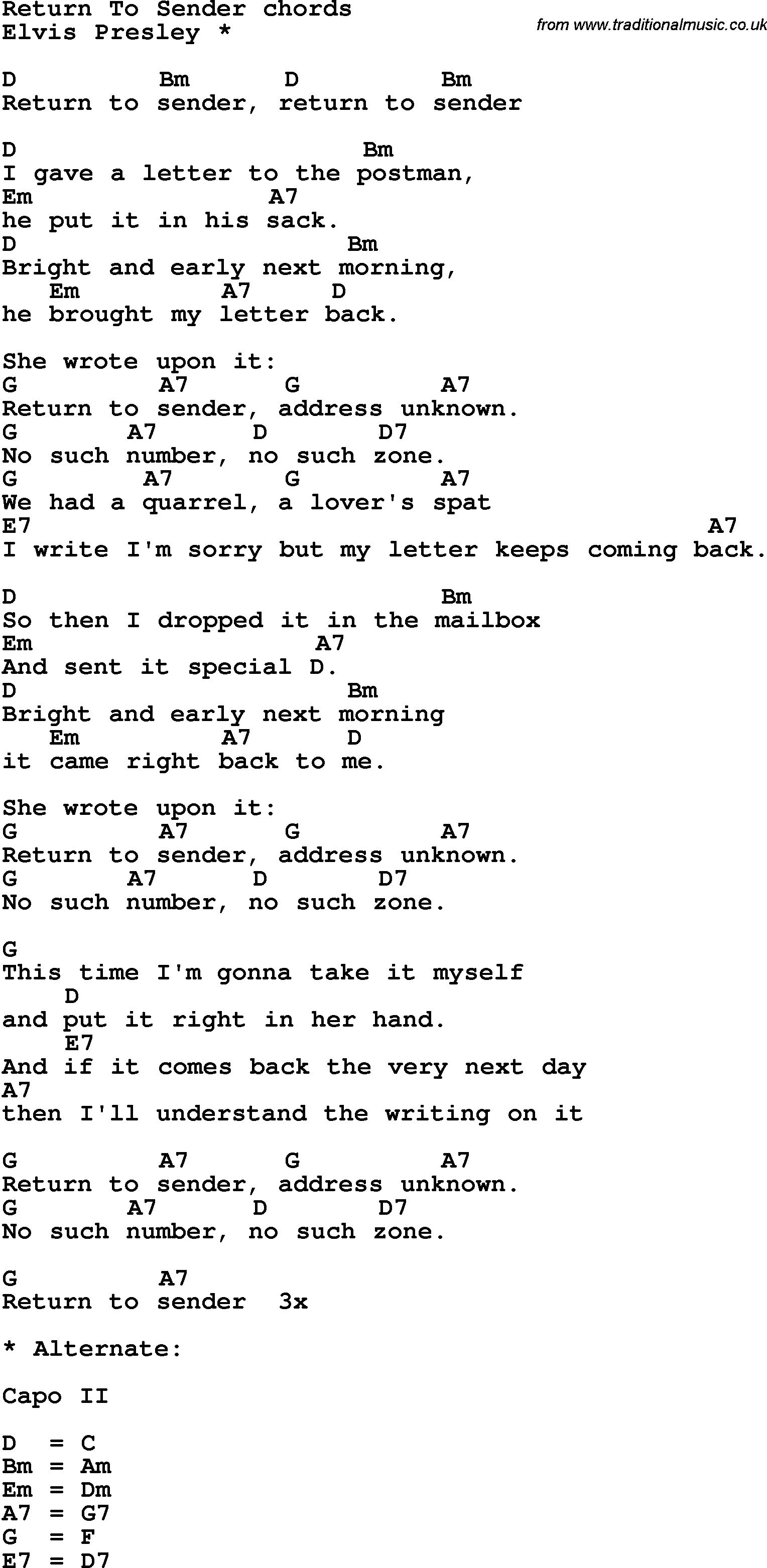 Song Lyrics with guitar chords for Return To Sender