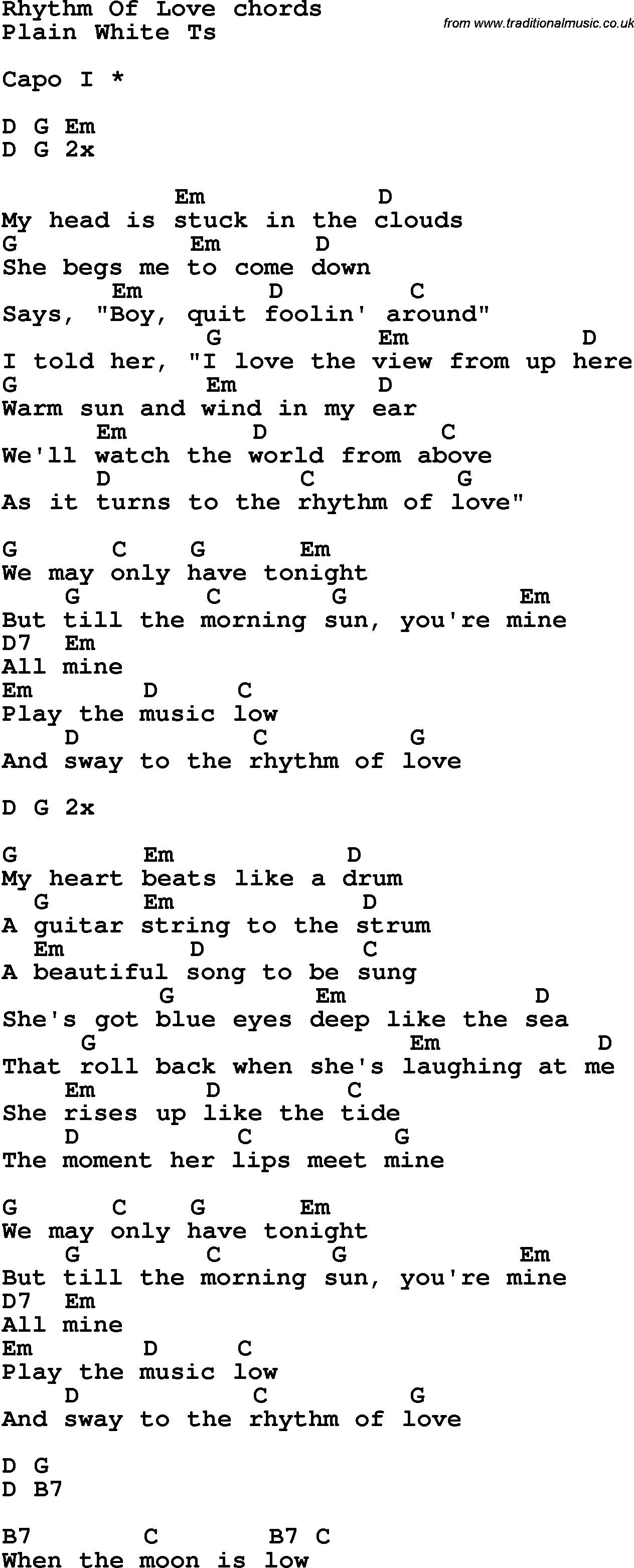 Song Lyrics with guitar chords for Rhythm Of Love