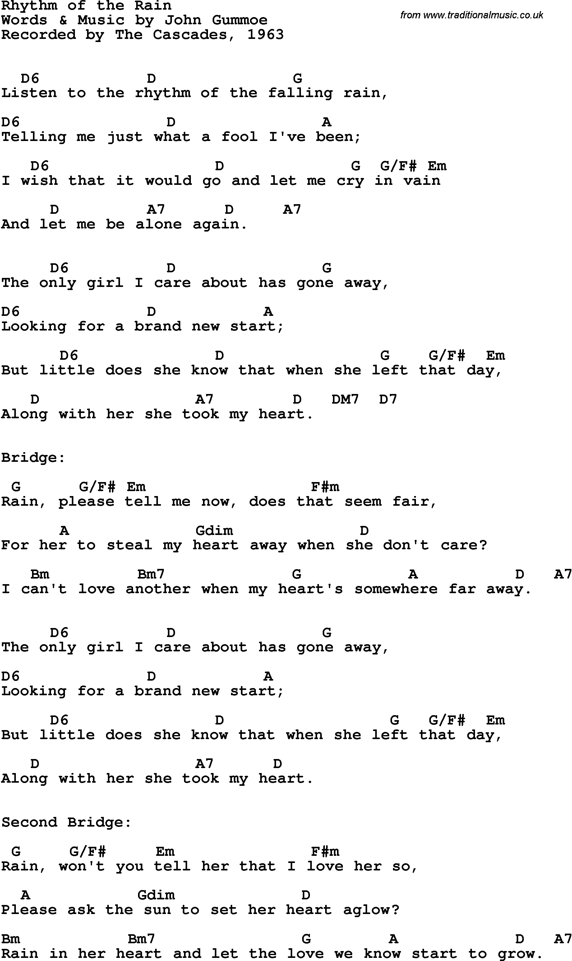 Song Lyrics with guitar chords for Rhythm Of The Rain - The Cascades, 1963