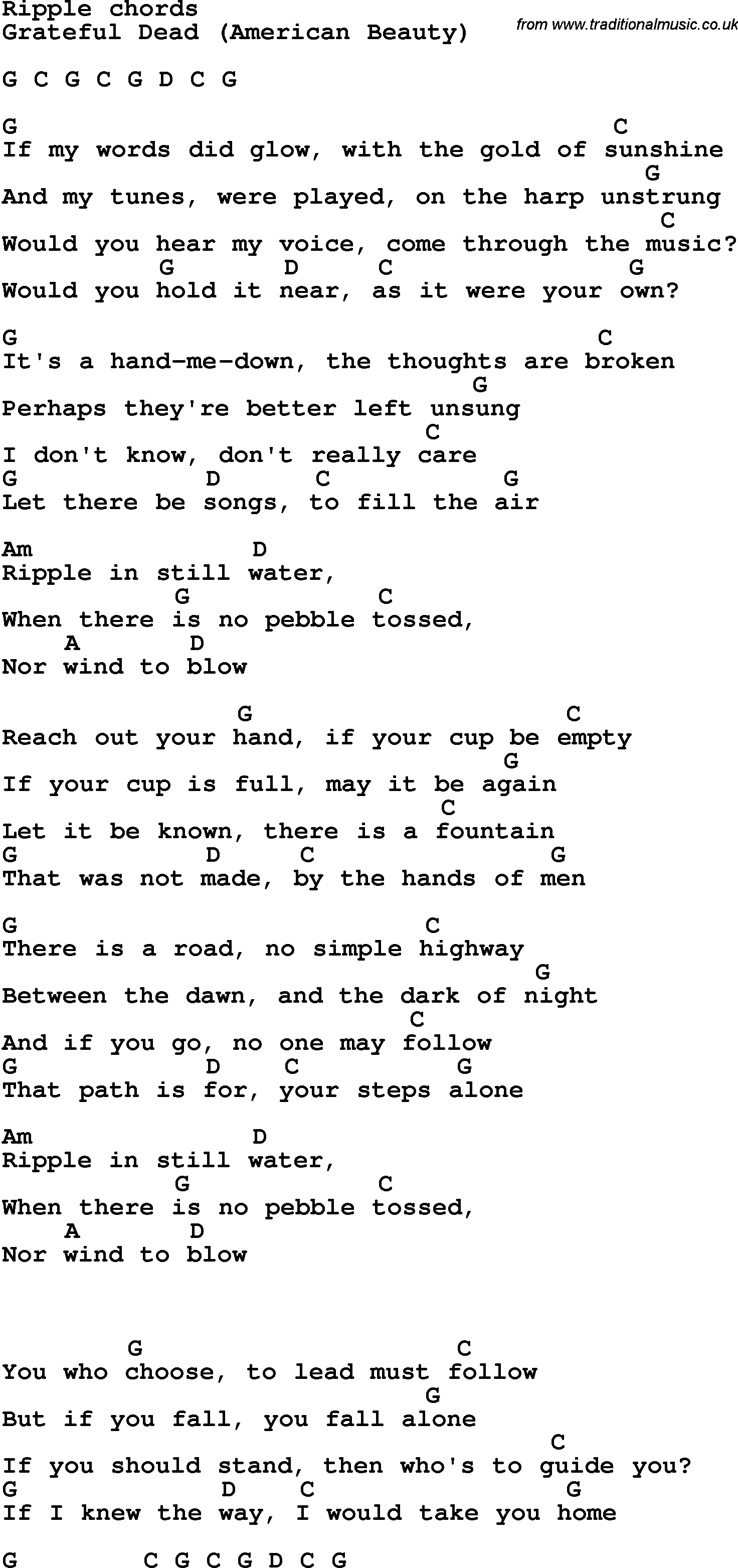 Song Lyrics with guitar chords for Ripple