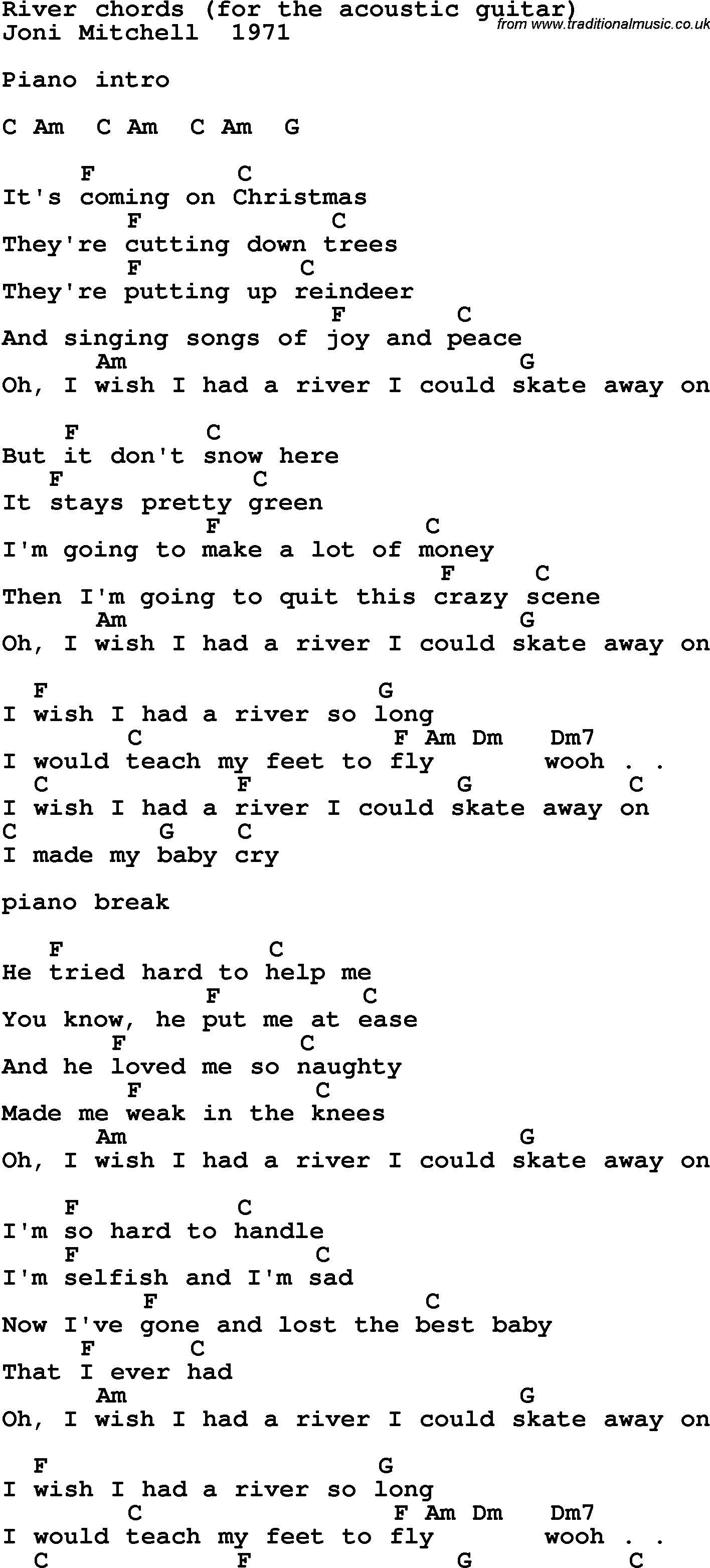 Song Lyrics with guitar chords for River