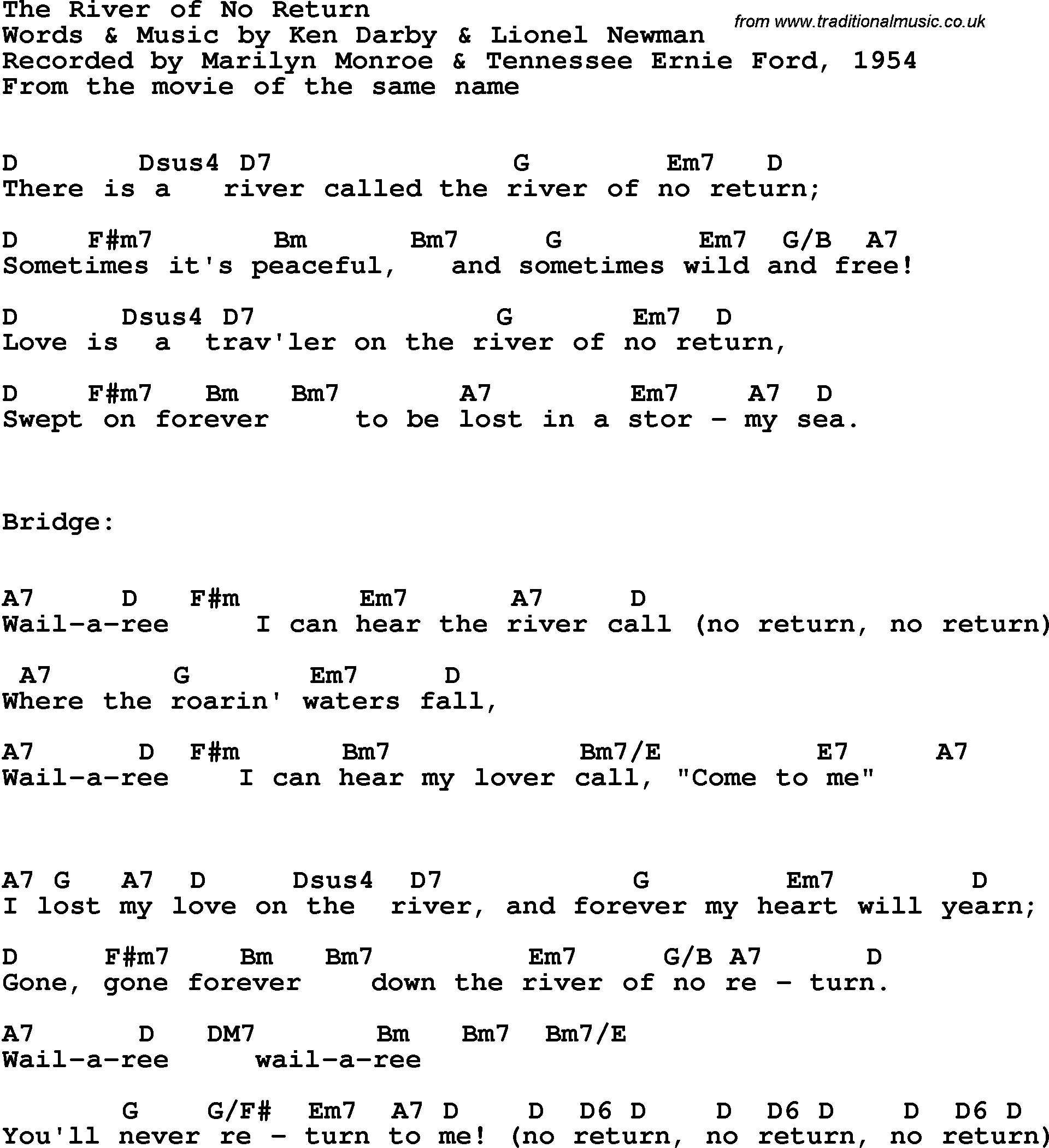 Song Lyrics with guitar chords for River Of No Return - Tennessee Ernie Ford & Marilyn Monroe, 1954