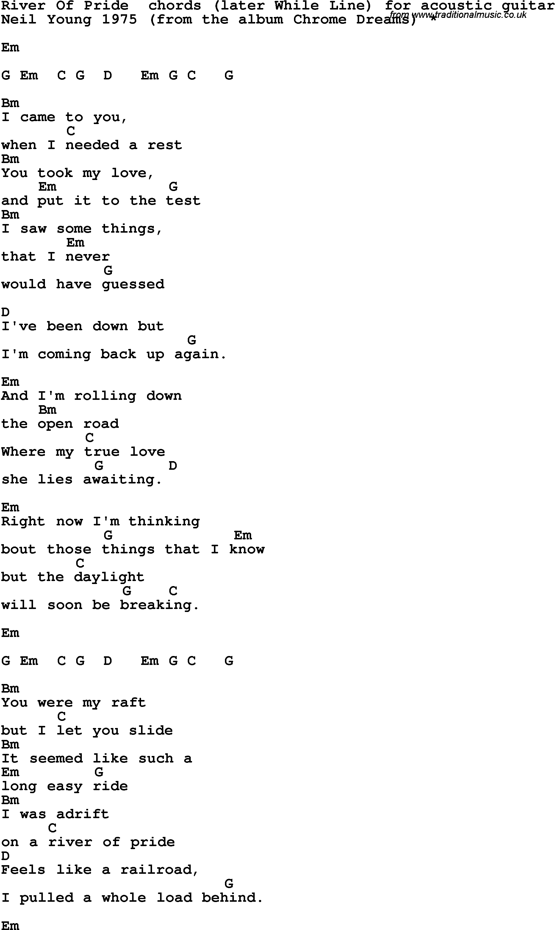 Song Lyrics with guitar chords for River Of Pride