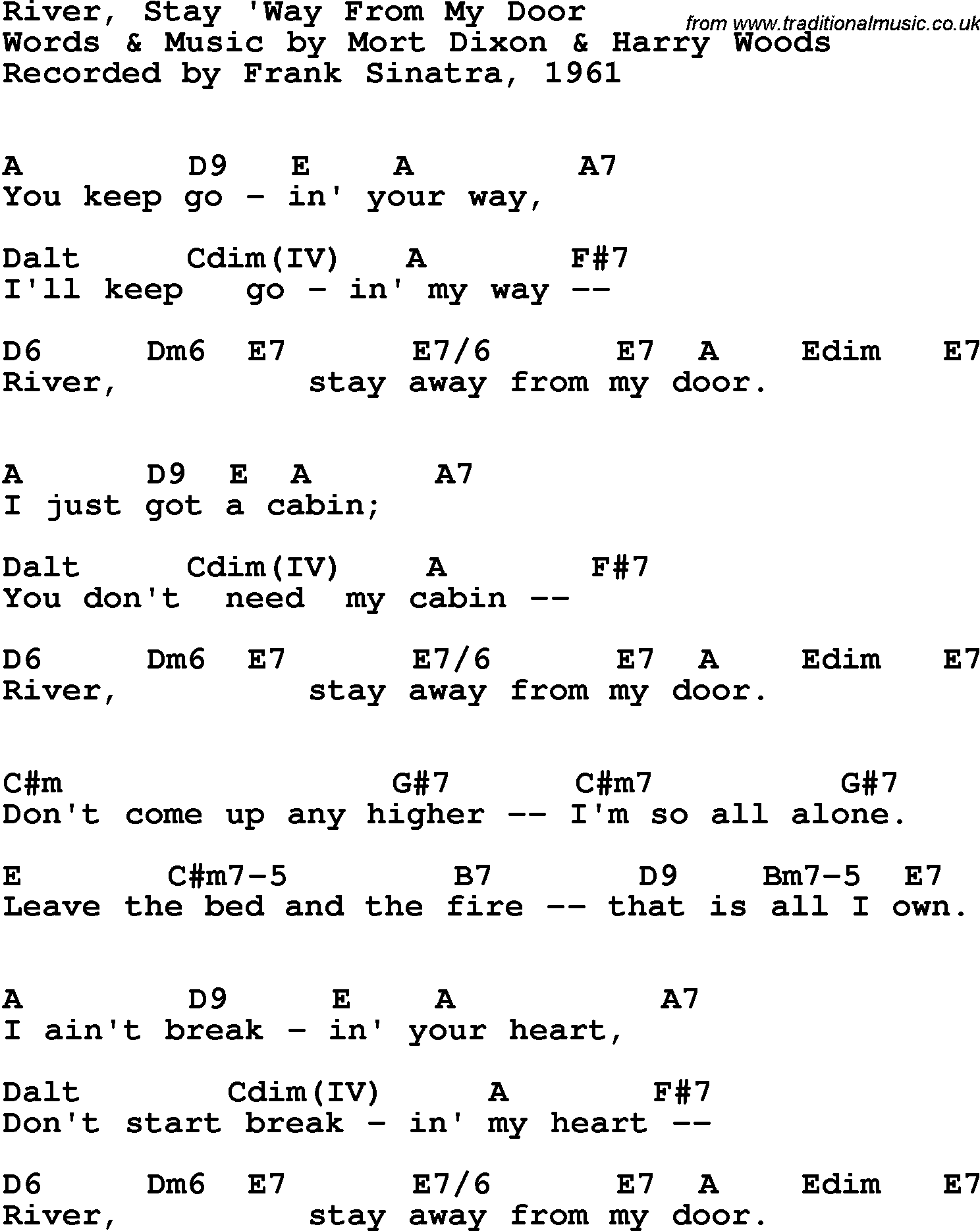 Song Lyrics with guitar chords for River Stay 'way From My Door - Frank Sinatra, 1961