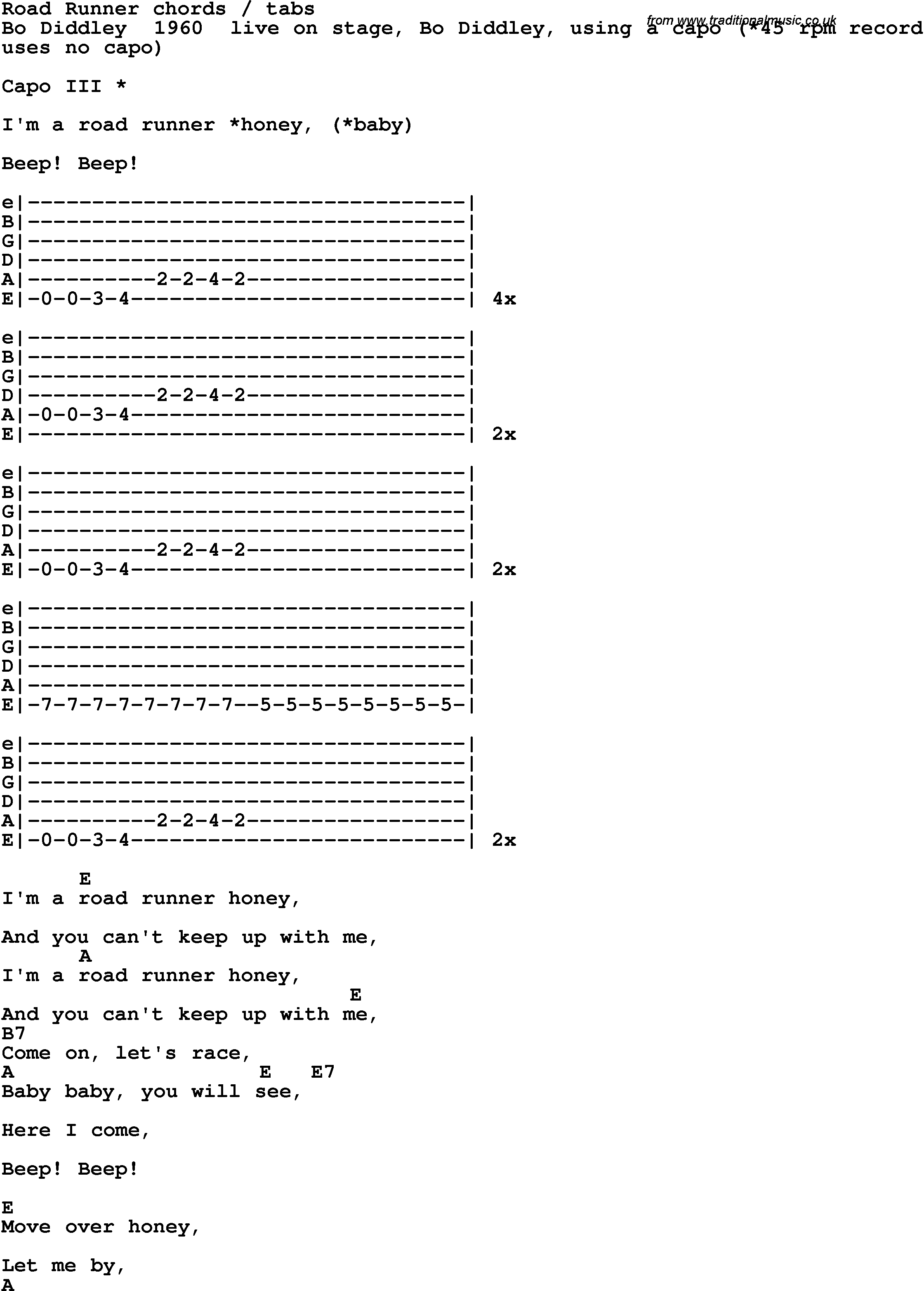 Song Lyrics with guitar chords for Road Runner