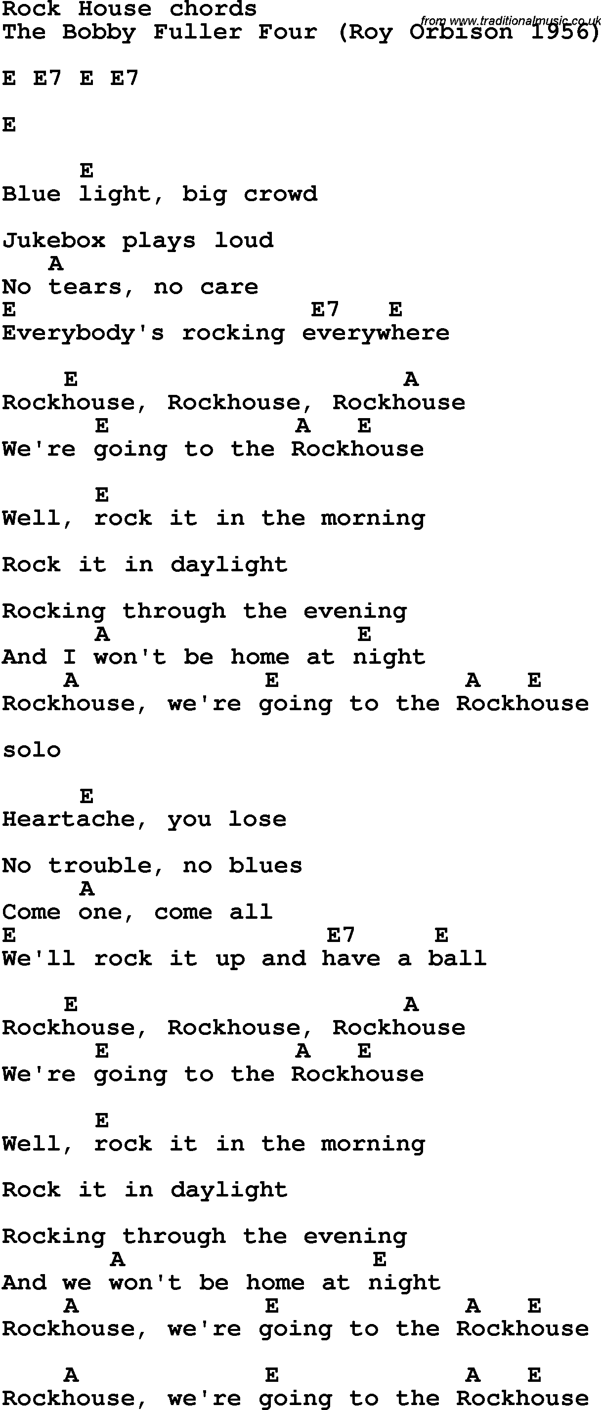 Song Lyrics with guitar chords for Rock House