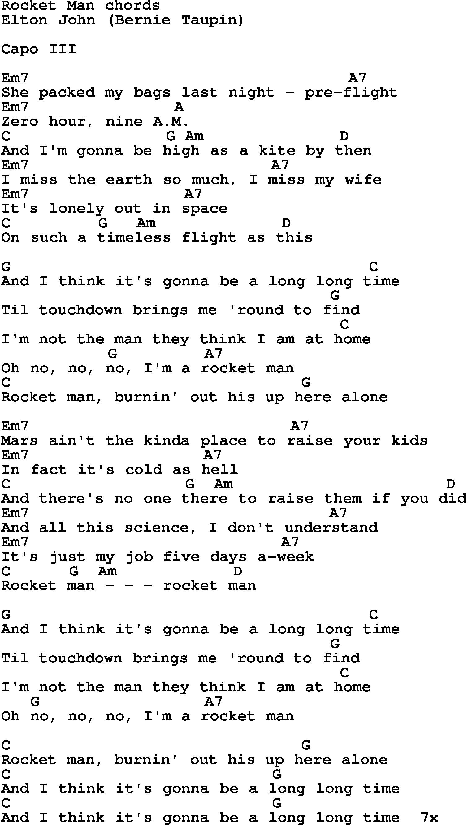 Song Lyrics with guitar chords for Rocket Man