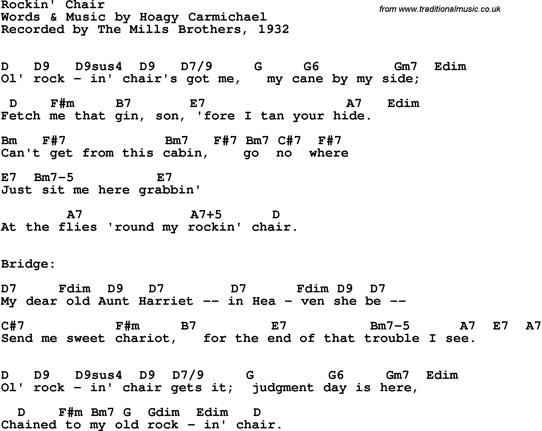 Song Lyrics with guitar chords for Rockin' Chair - The Mills Brothers, 1932