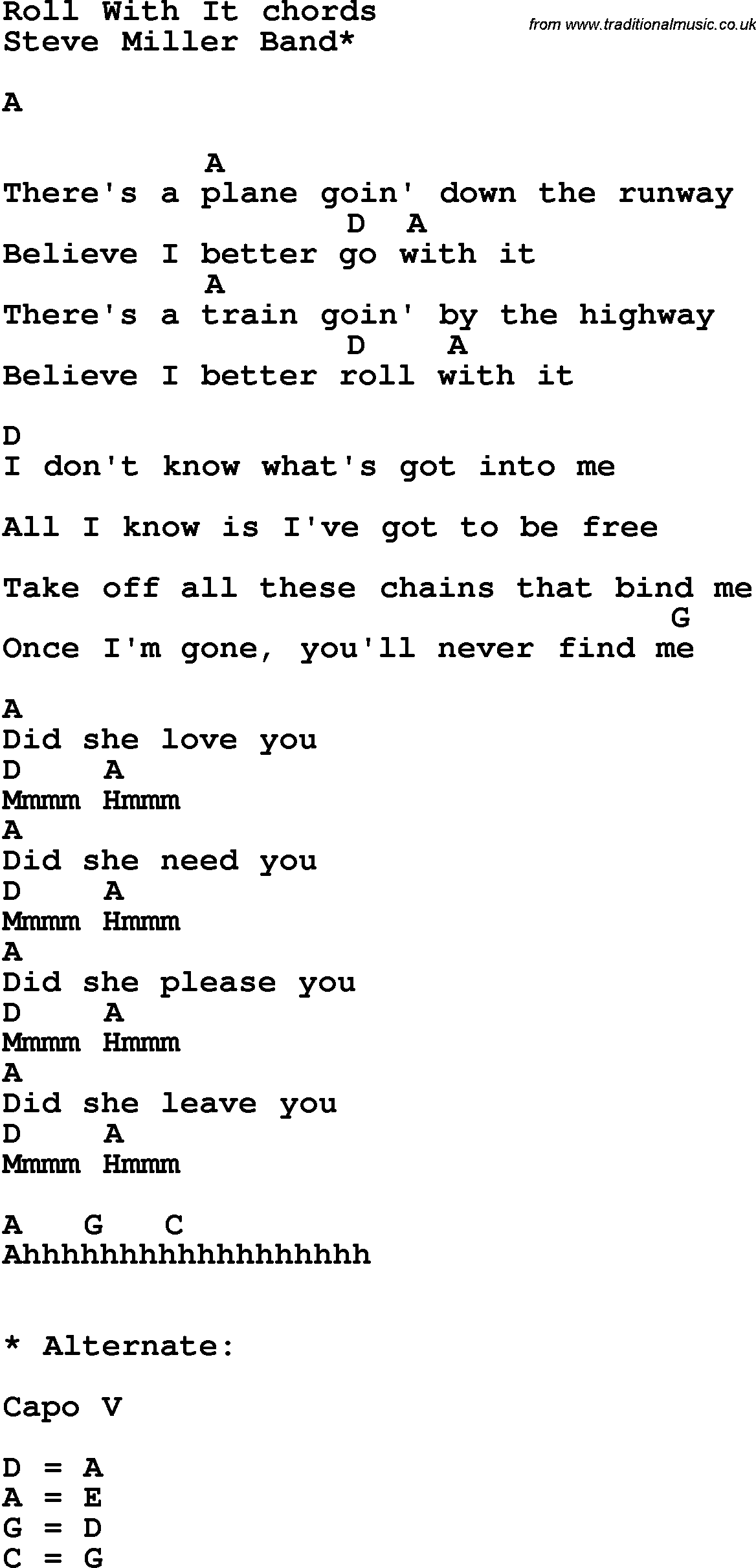 Song Lyrics with guitar chords for Roll With It