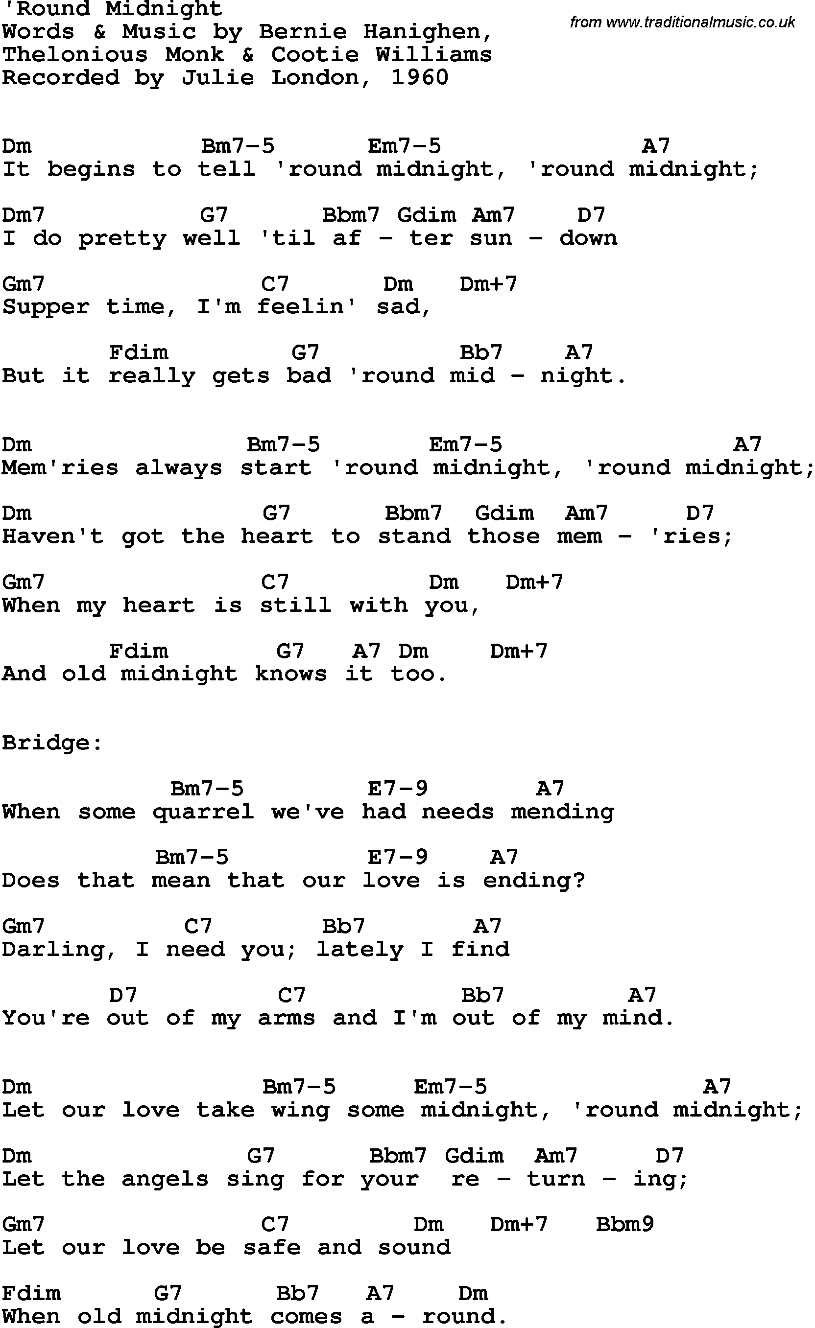 Song Lyrics with guitar chords for 'Round Midnight - Julie London, 1960