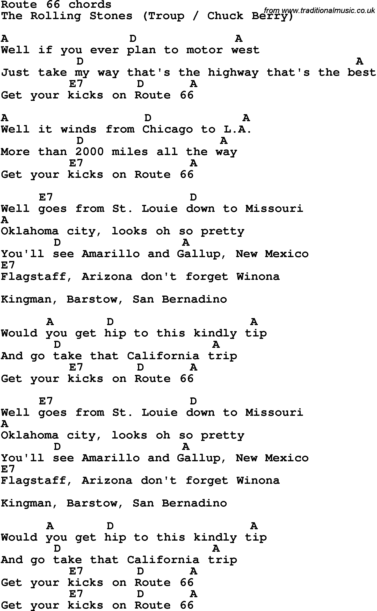 Song Lyrics with guitar chords for Route