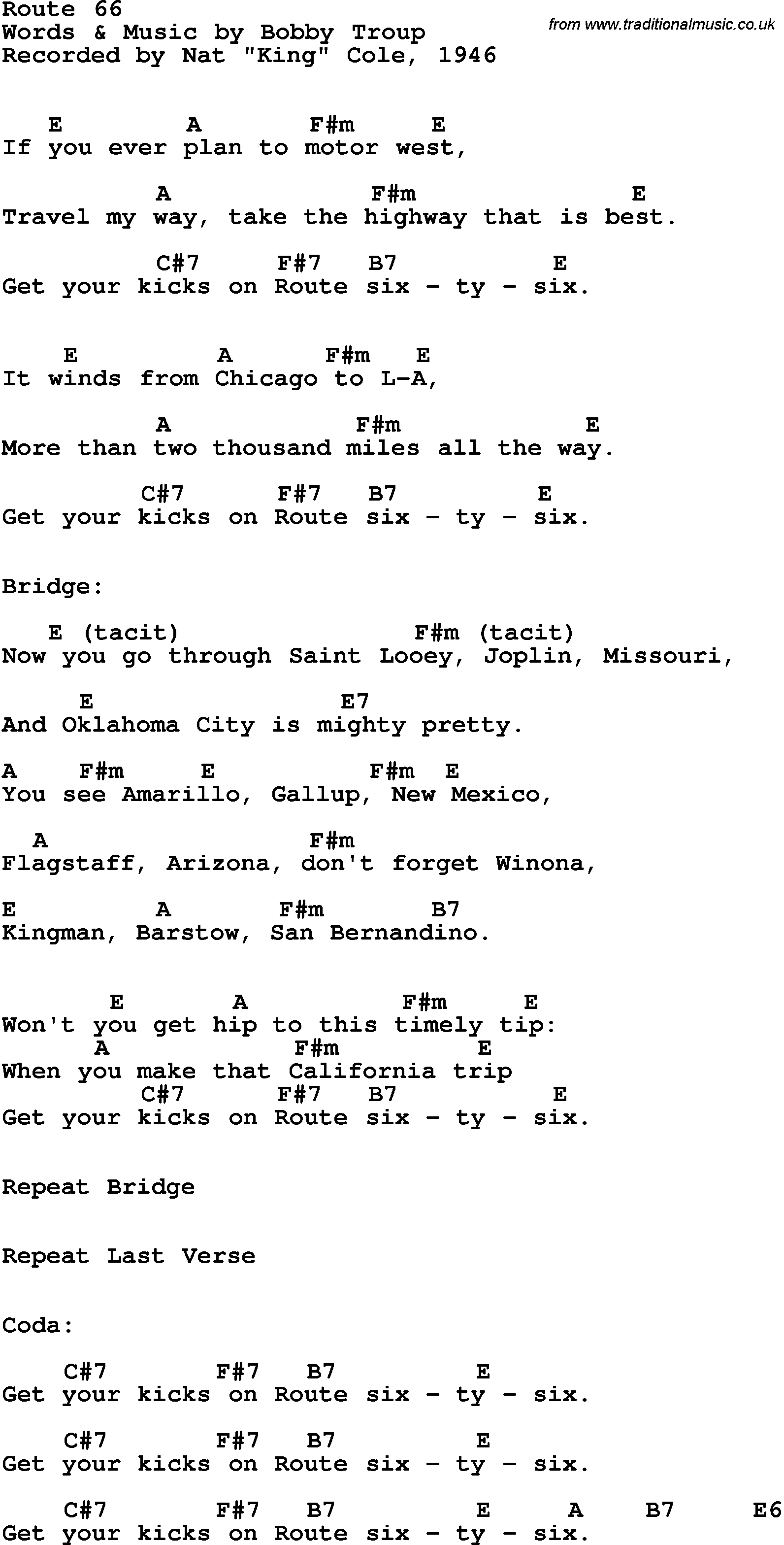 Song Lyrics with guitar chords for Route 66 - Nat King Cole, 1946