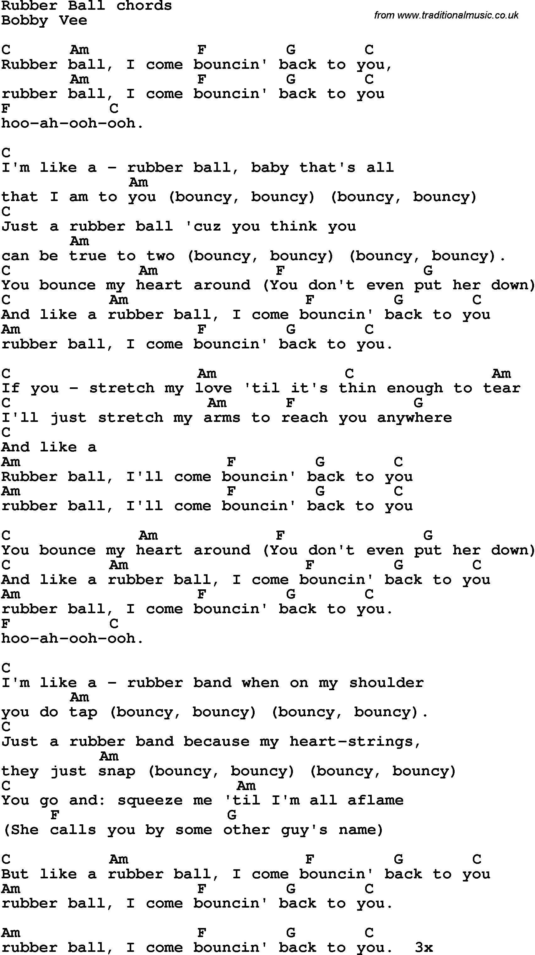 Song Lyrics with guitar chords for Rubber Ball