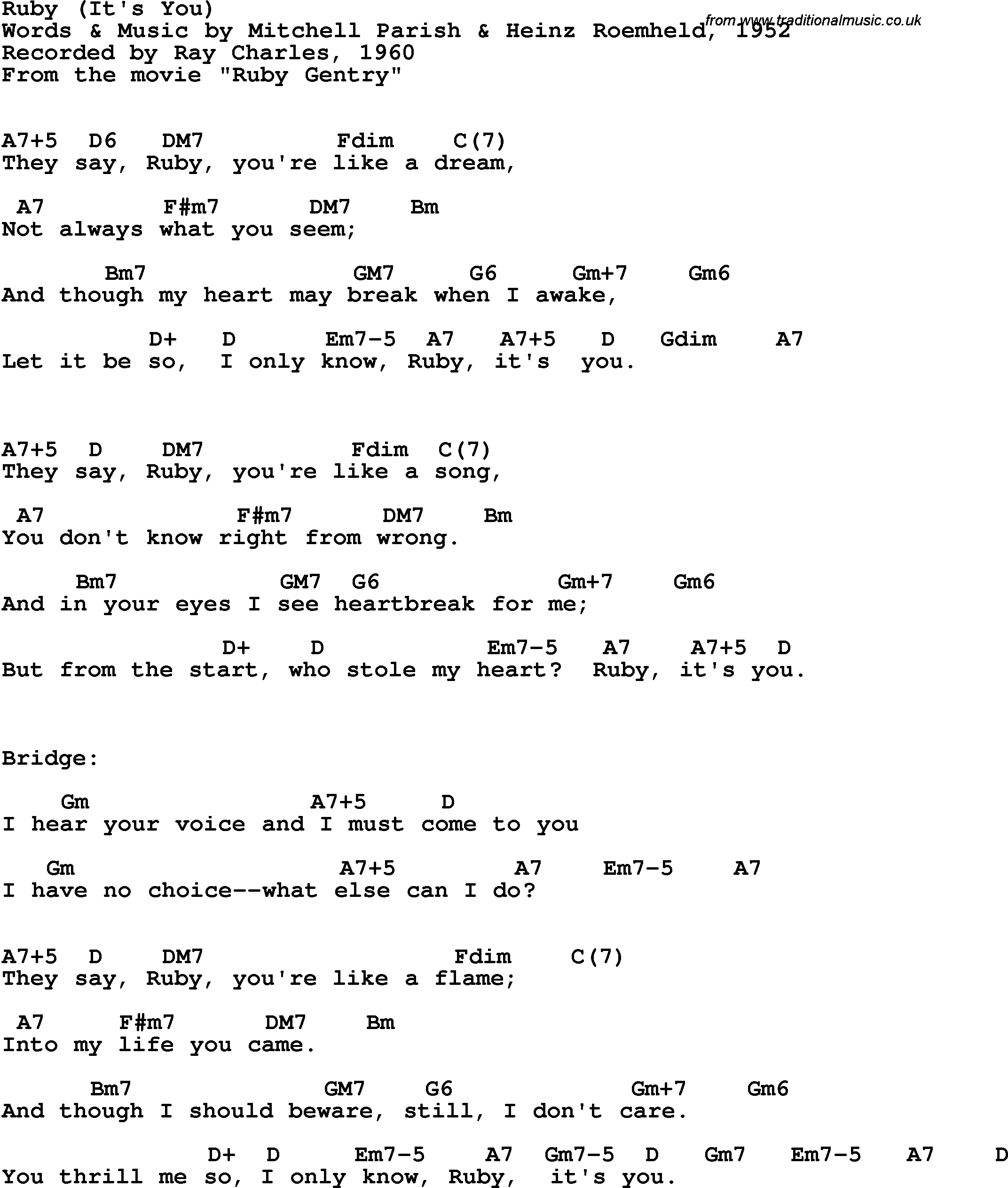 Song Lyrics with guitar chords for Ruby (It's You) - Ray Charles, 1960