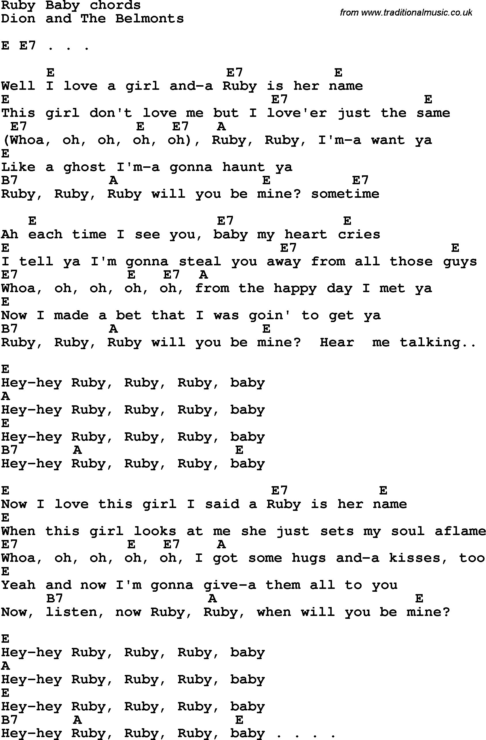 Song Lyrics with guitar chords for Ruby Baby