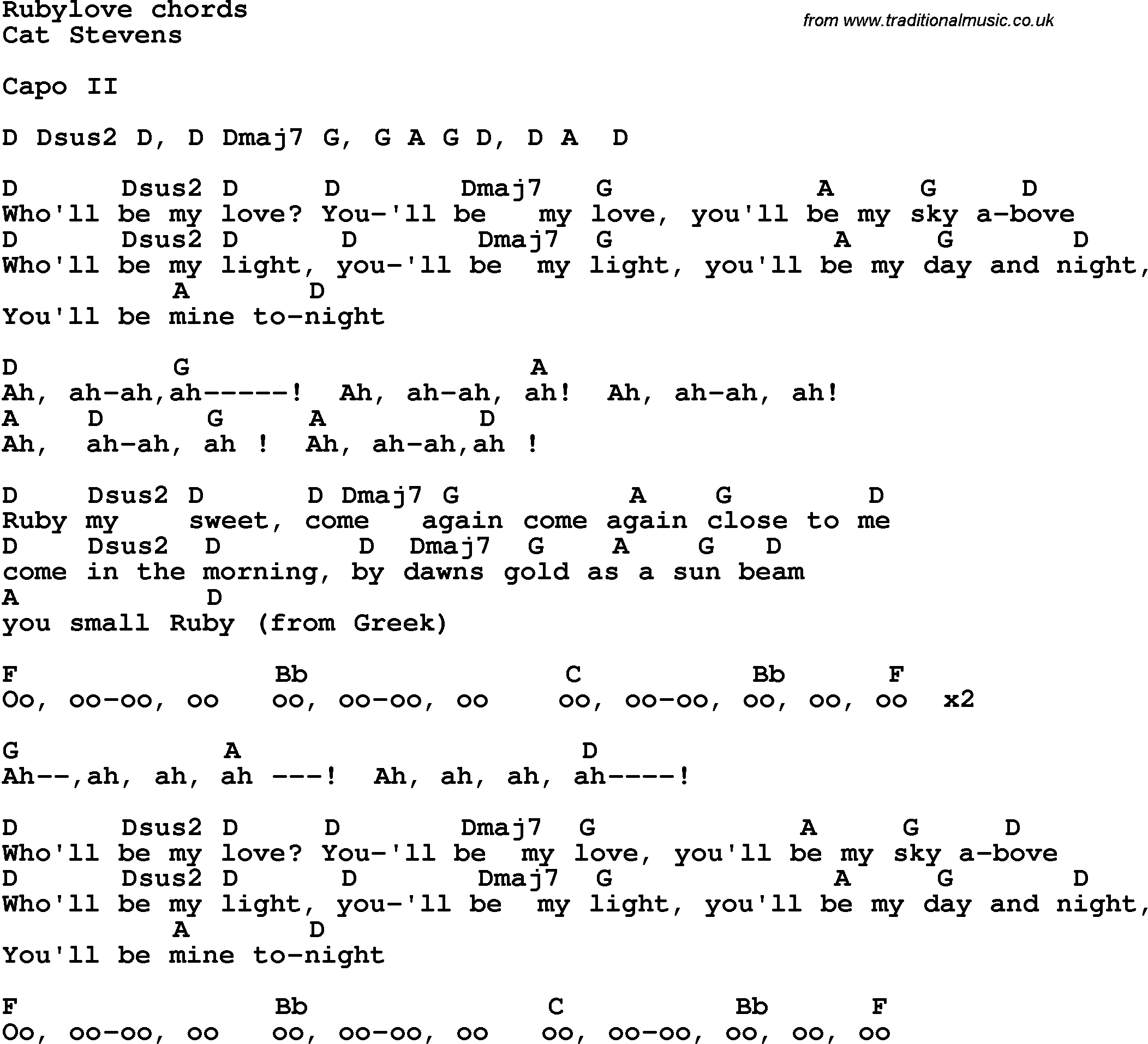 Song Lyrics with guitar chords for Ruby Loved