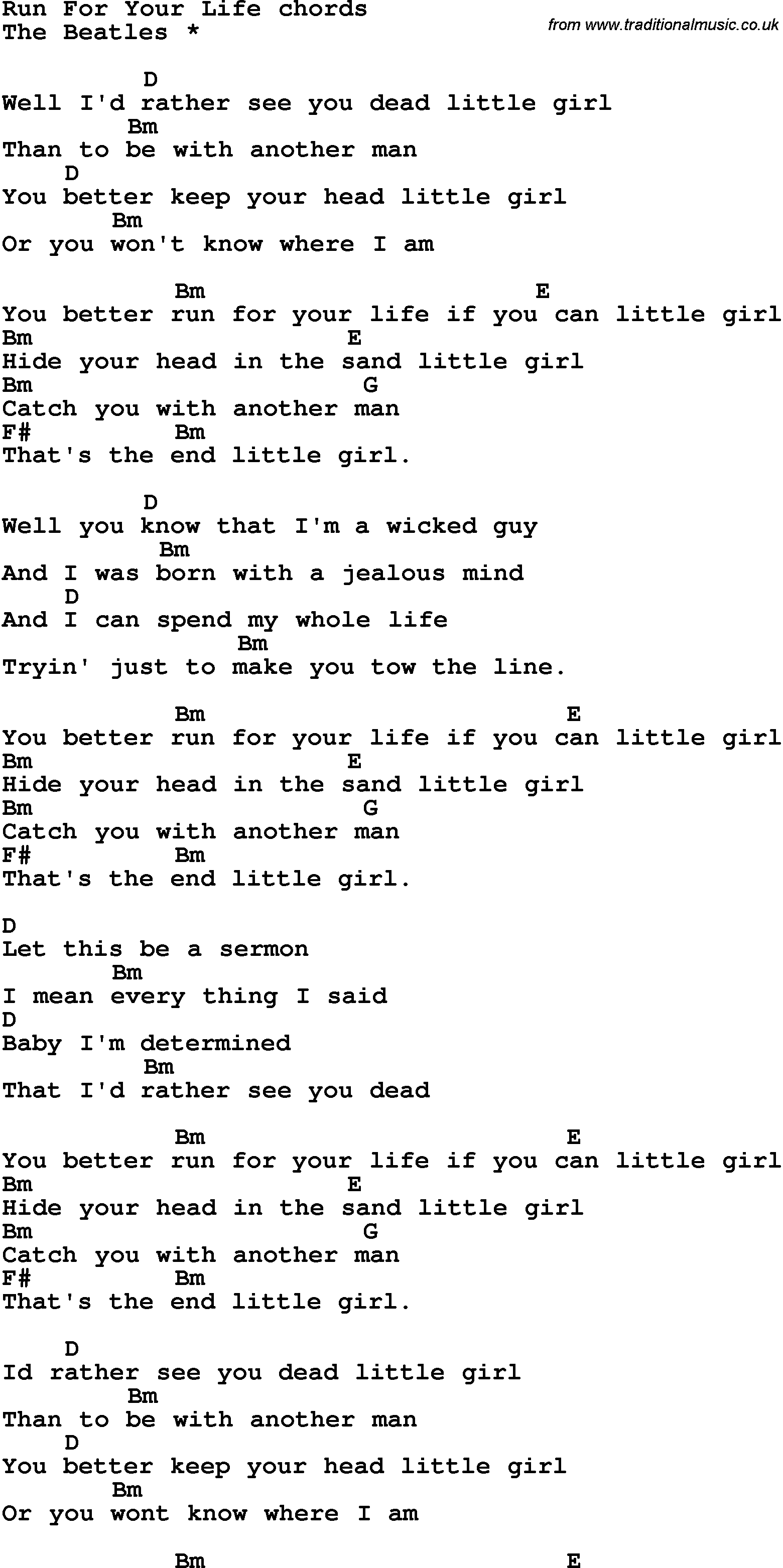 Song Lyrics with guitar chords for Run For Your Life - The Beatles