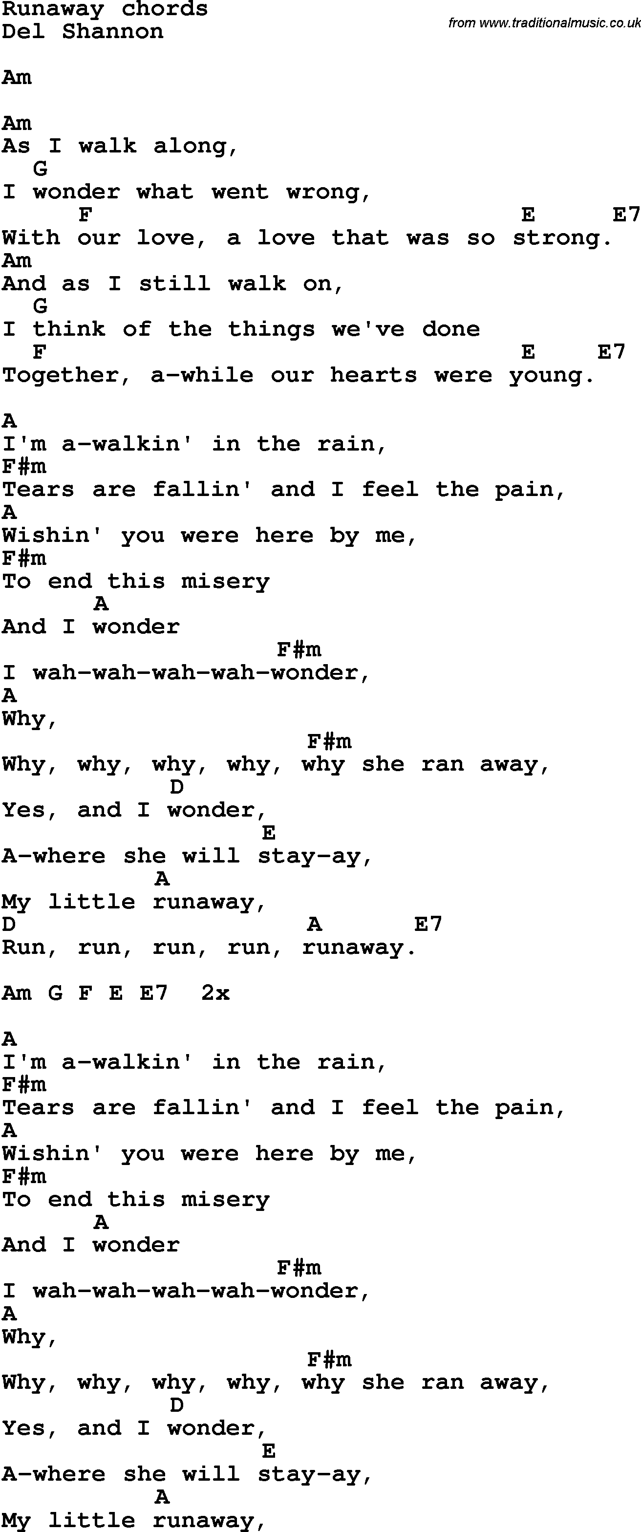 Song Lyrics with guitar chords for Runaway