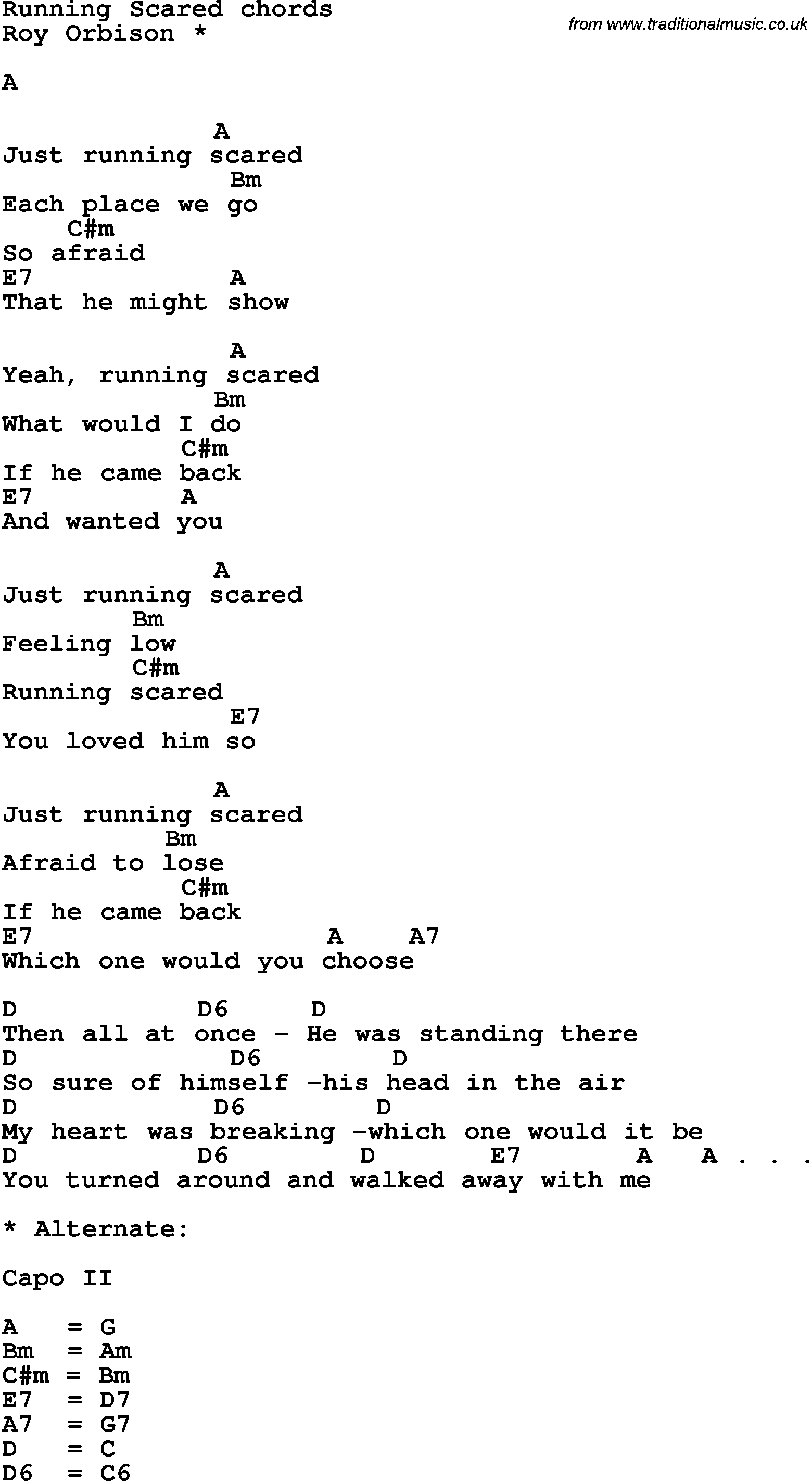 Song Lyrics with guitar chords for Running Scared