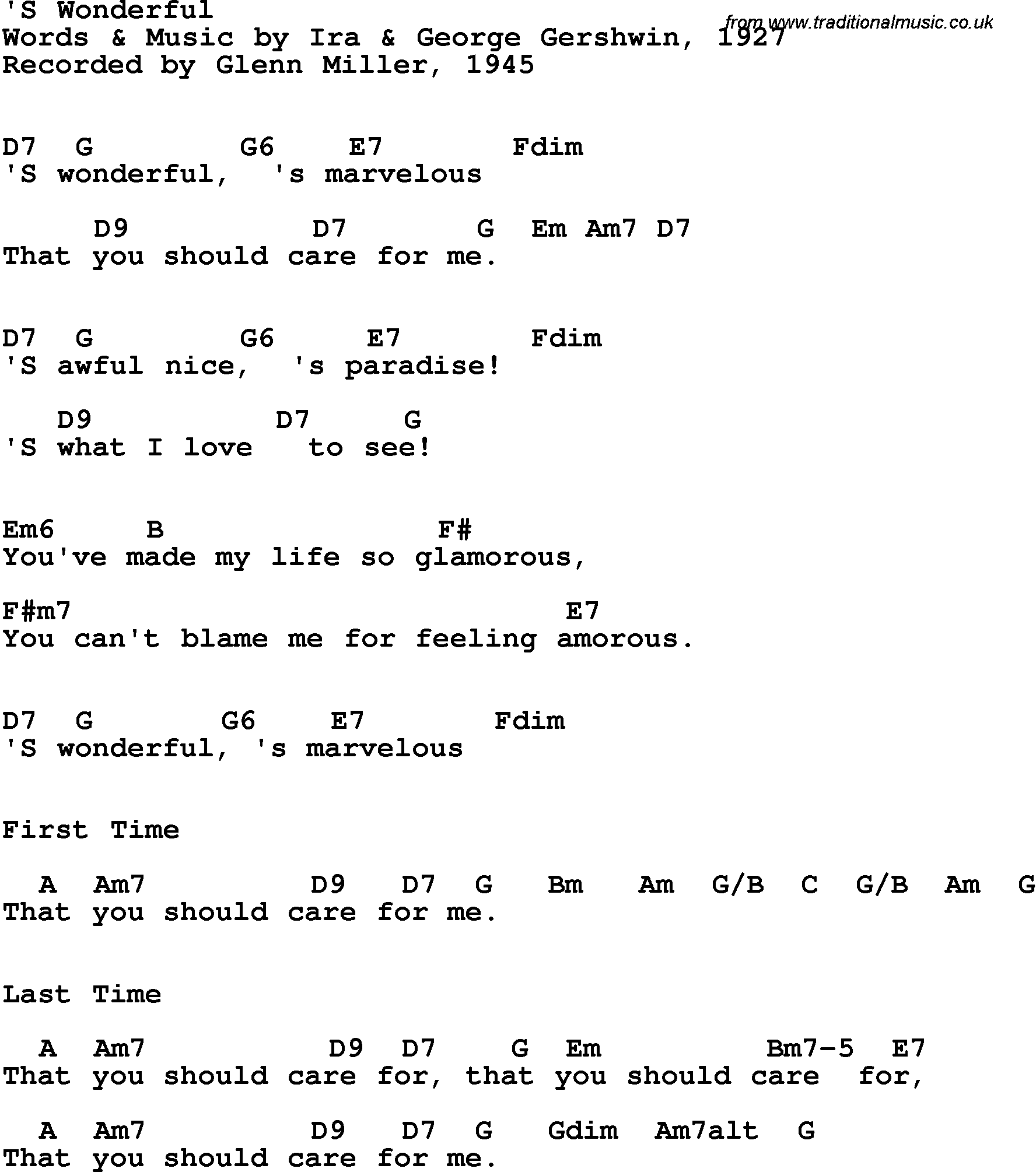 Song Lyrics with guitar chords for 'S Wonderful - Glenn Miller, 1945