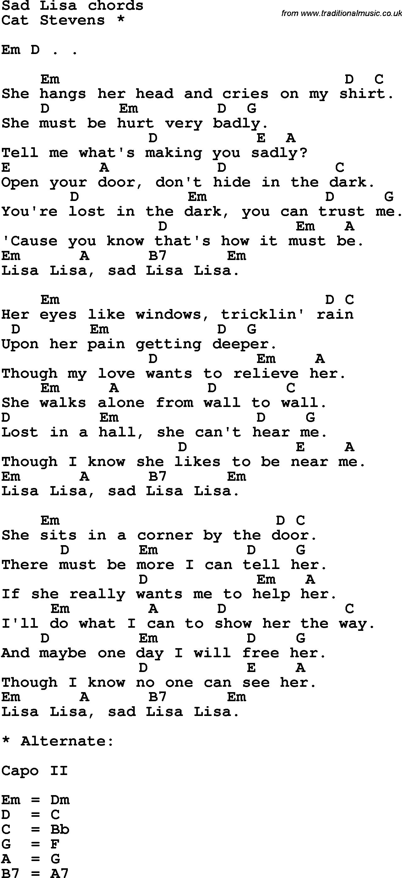Song Lyrics with guitar chords for Sad Lisa