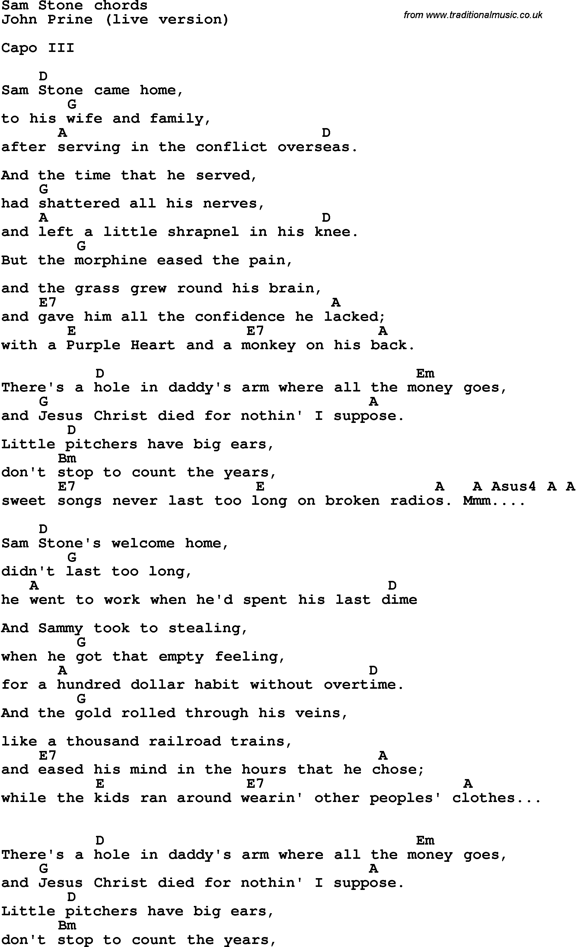 Song Lyrics with guitar chords for Sam Stone