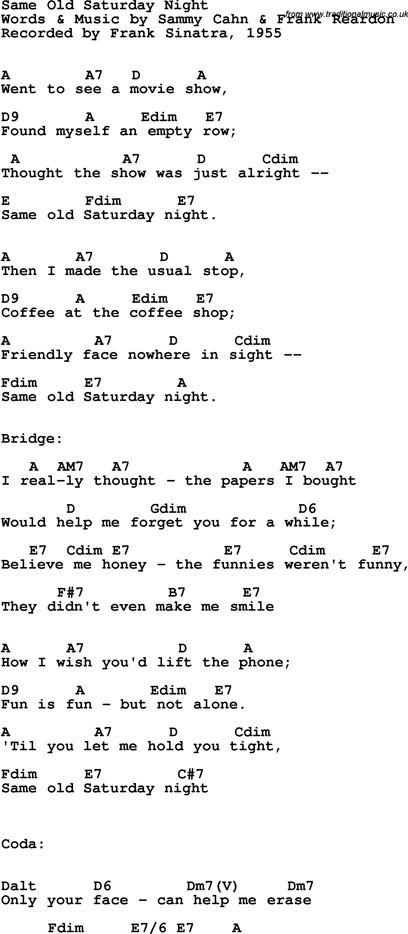 Song Lyrics with guitar chords for Same Old Saturday Night - Frank Sinatra, 1955