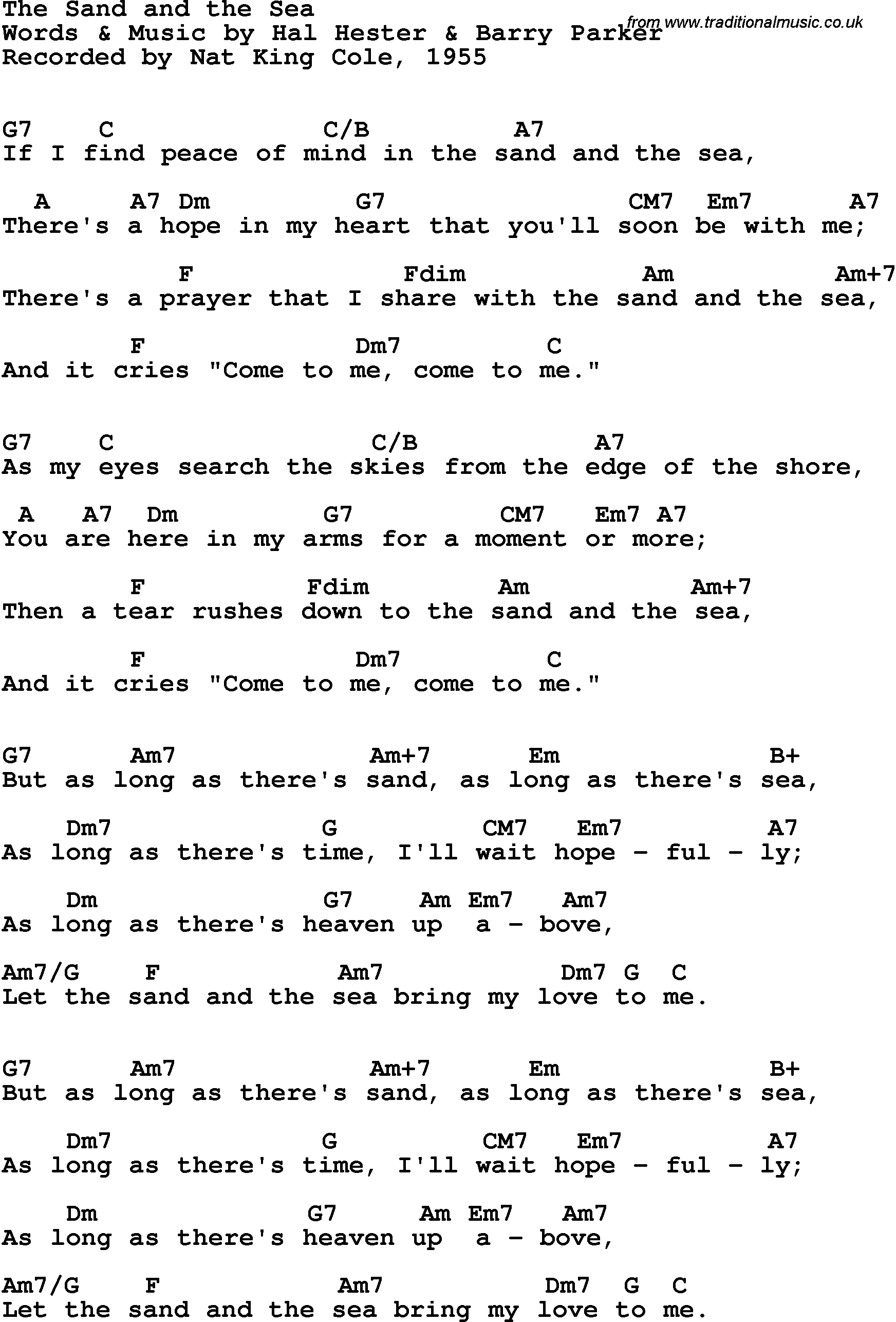 Song Lyrics with guitar chords for Sand And The Sea, The - Nat King Cole, 1955